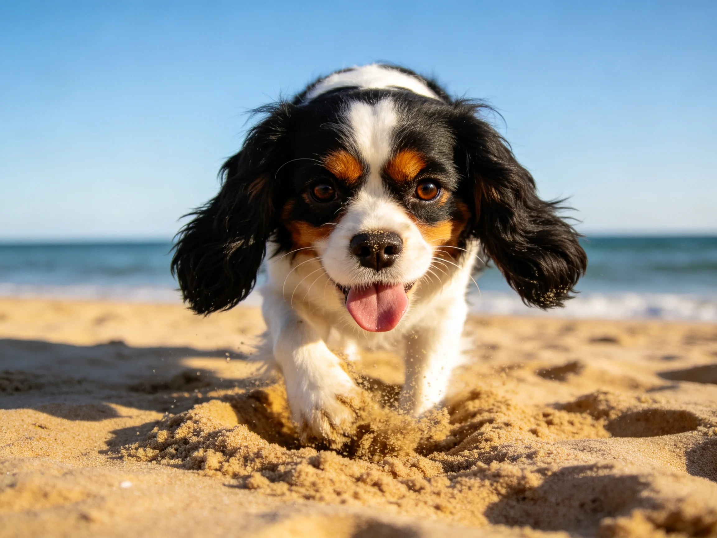 A tricolor dog joyfully runs on the sandy beach near the ocean.