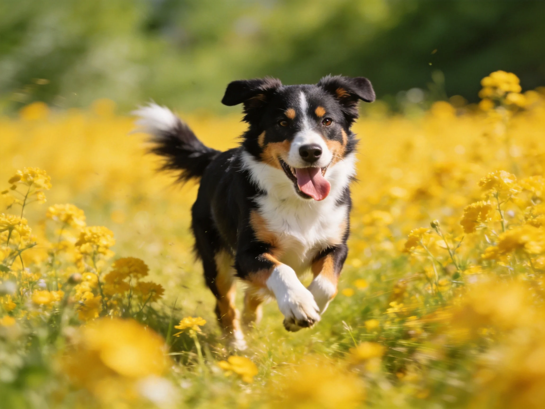 A tricolor dog joyfully runs through a field of bright yellow blooms