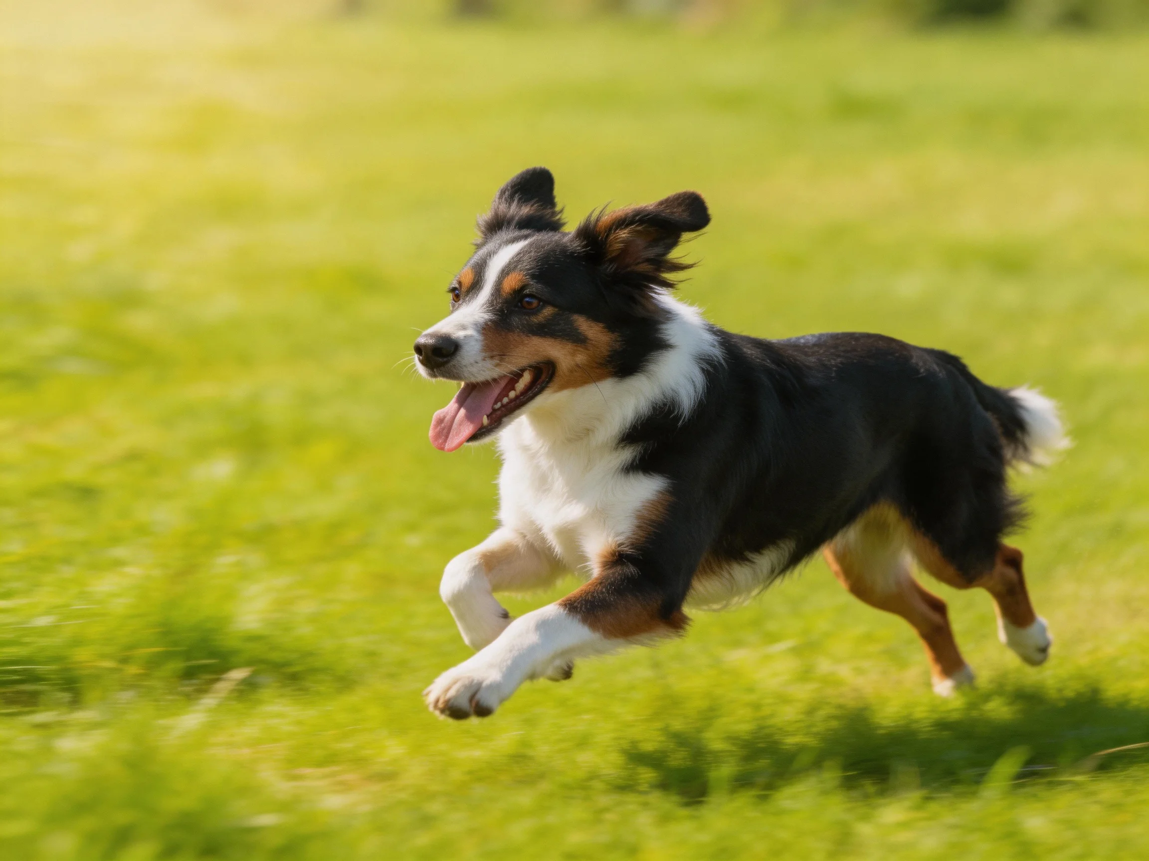 A tricolor dog runs energetically across a grassy field.
