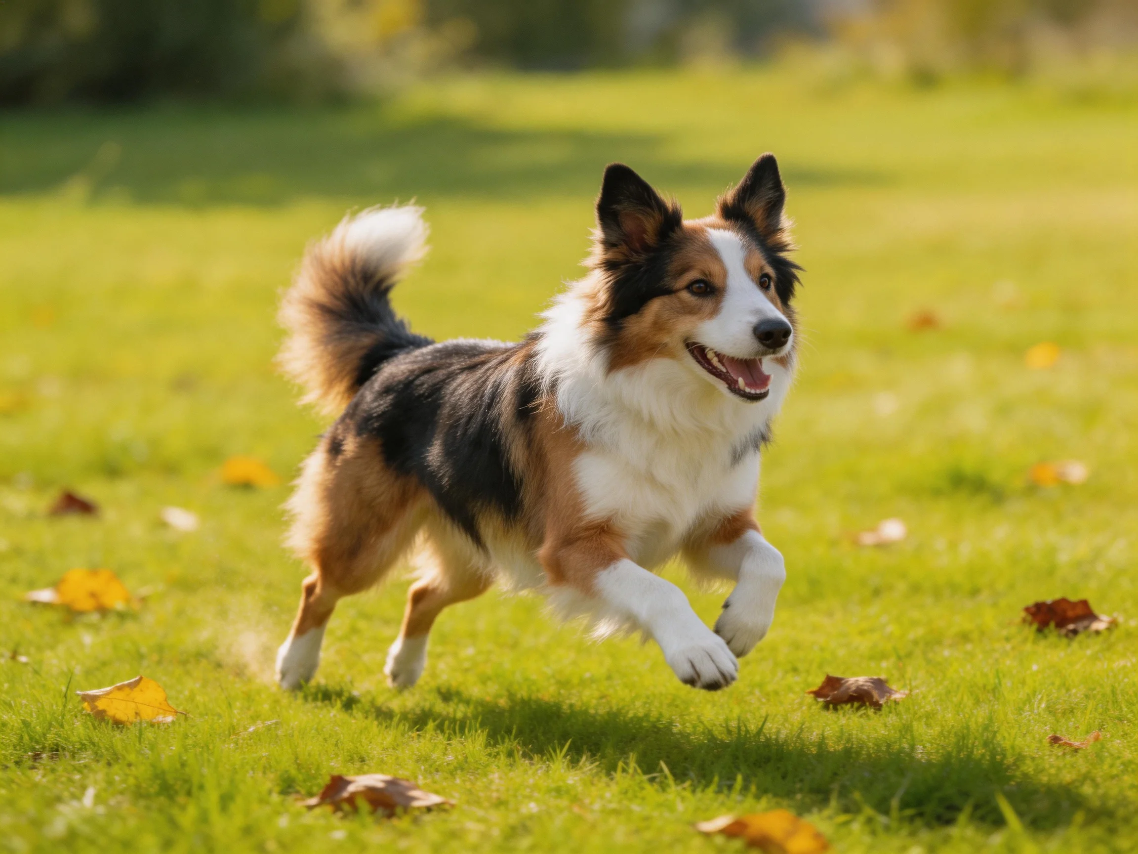 A tricolor dog runs joyfully on a sunlit grassy field.