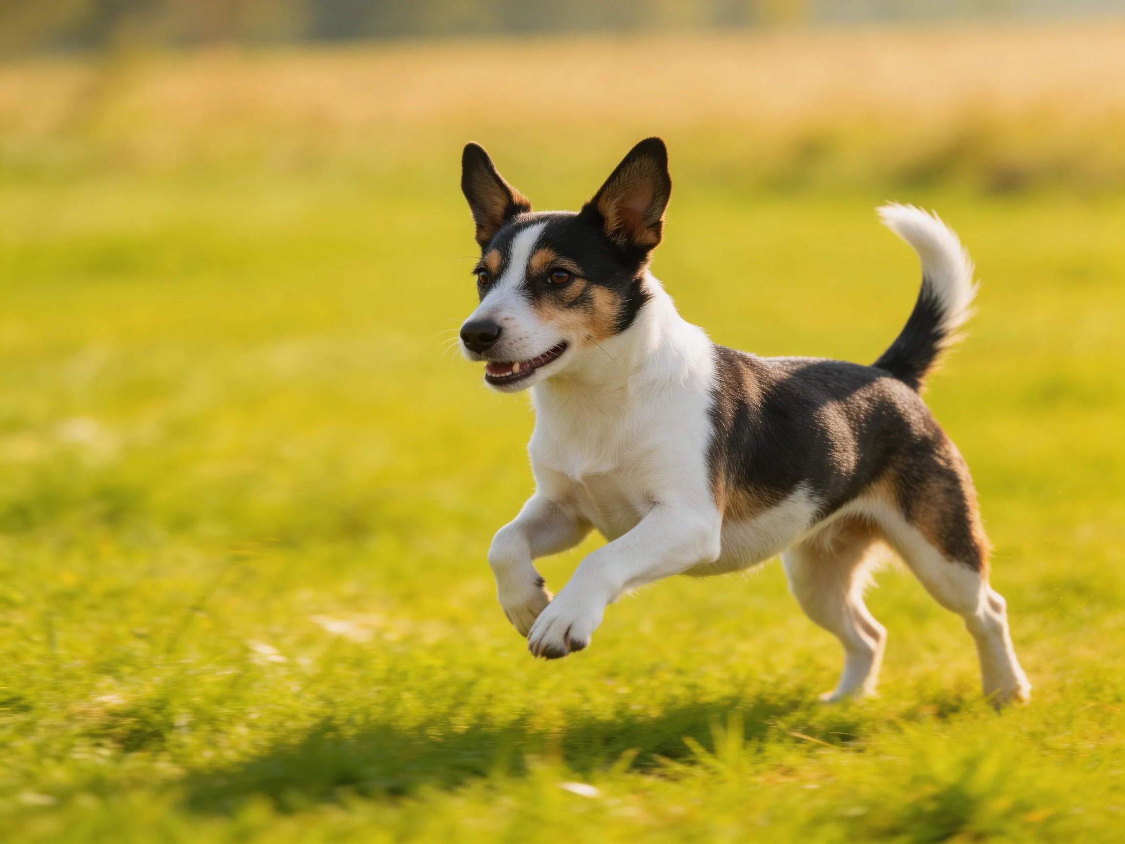 A tricolor dog joyfully runs through a sunlit green meadow
