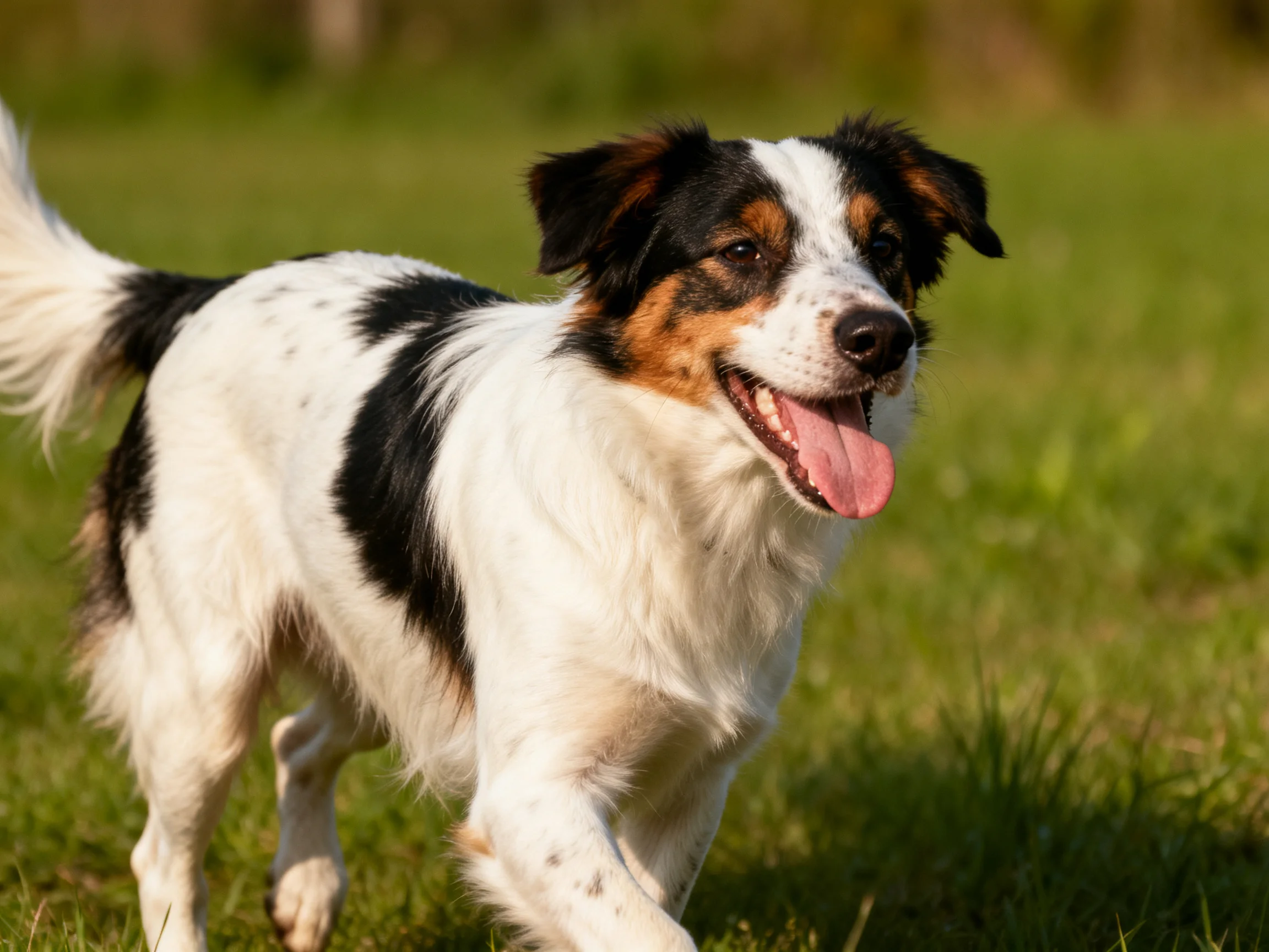 A tricolor dog joyfully runs through a sunlit green meadow