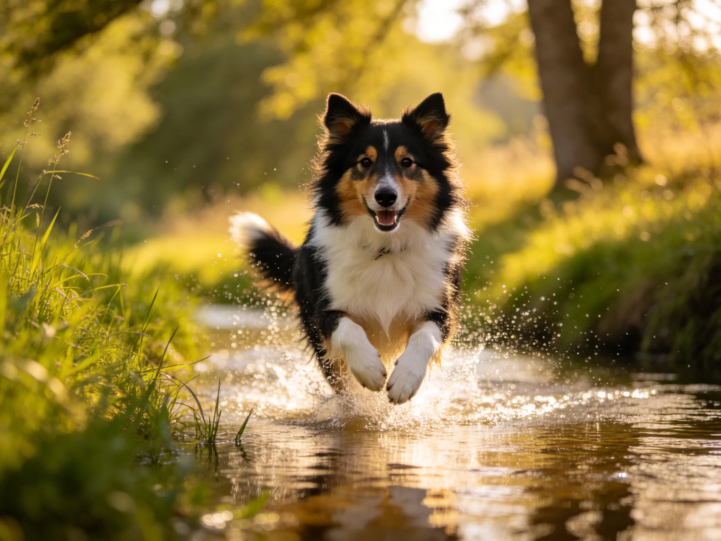 A tricolor dog joyfully runs through a sunlit shallow stream amid lush greenery