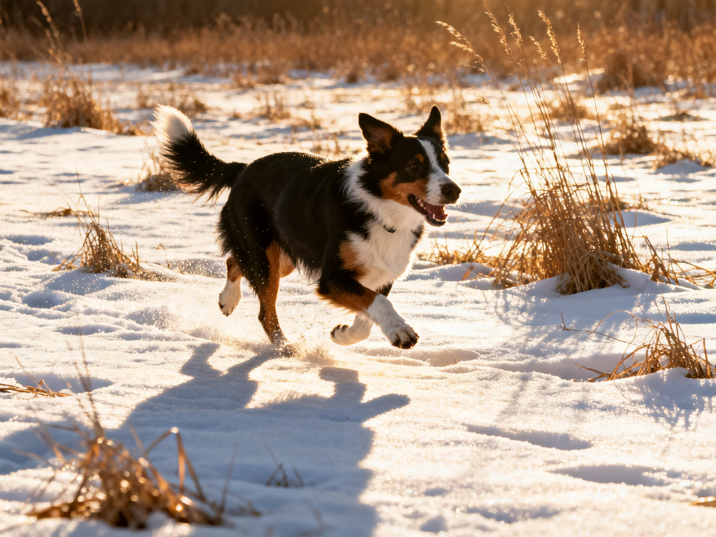 A tricolor dog joyfully runs through snowy terrain with golden grasses