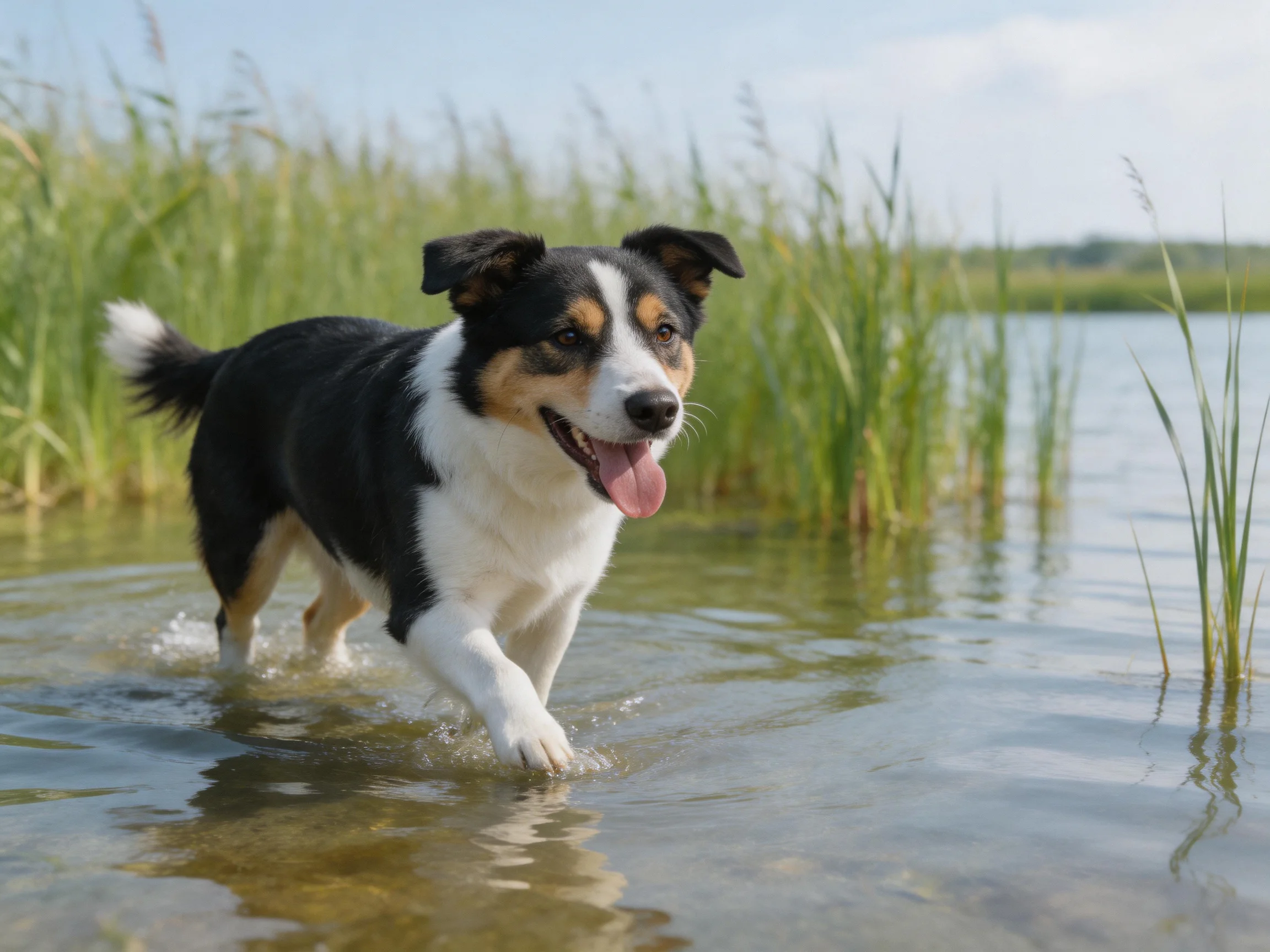 A tricolor dog happily explores shallow water near tall green reeds.
