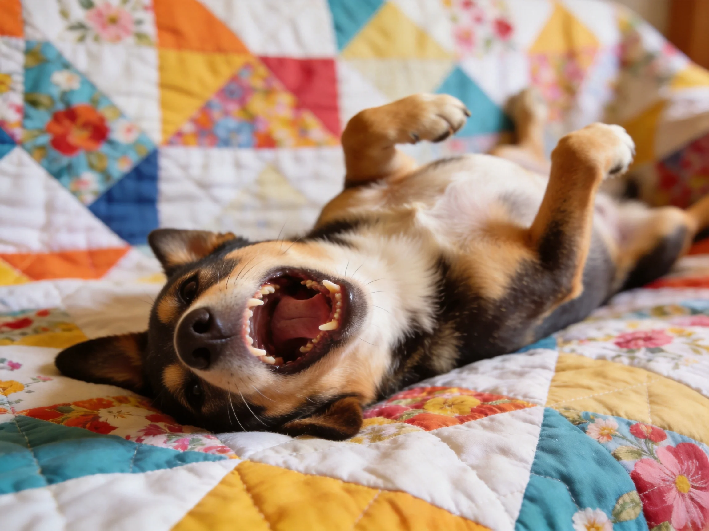 A tricolor dog lies on a colorful patchwork quilt with its mouth open.
