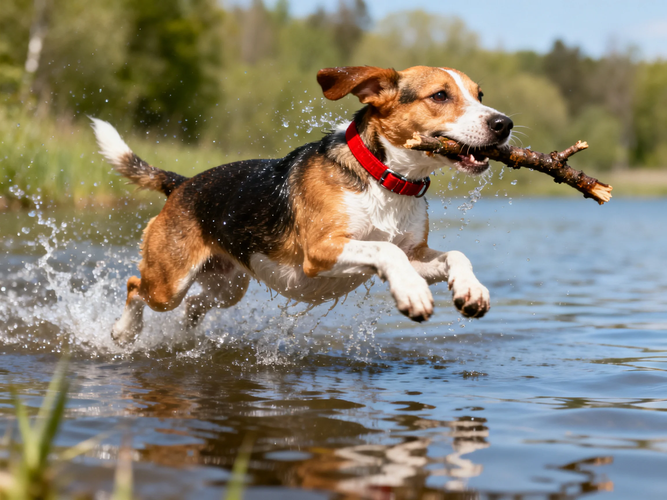 A tricolor dog leaps through water carrying a brown branch