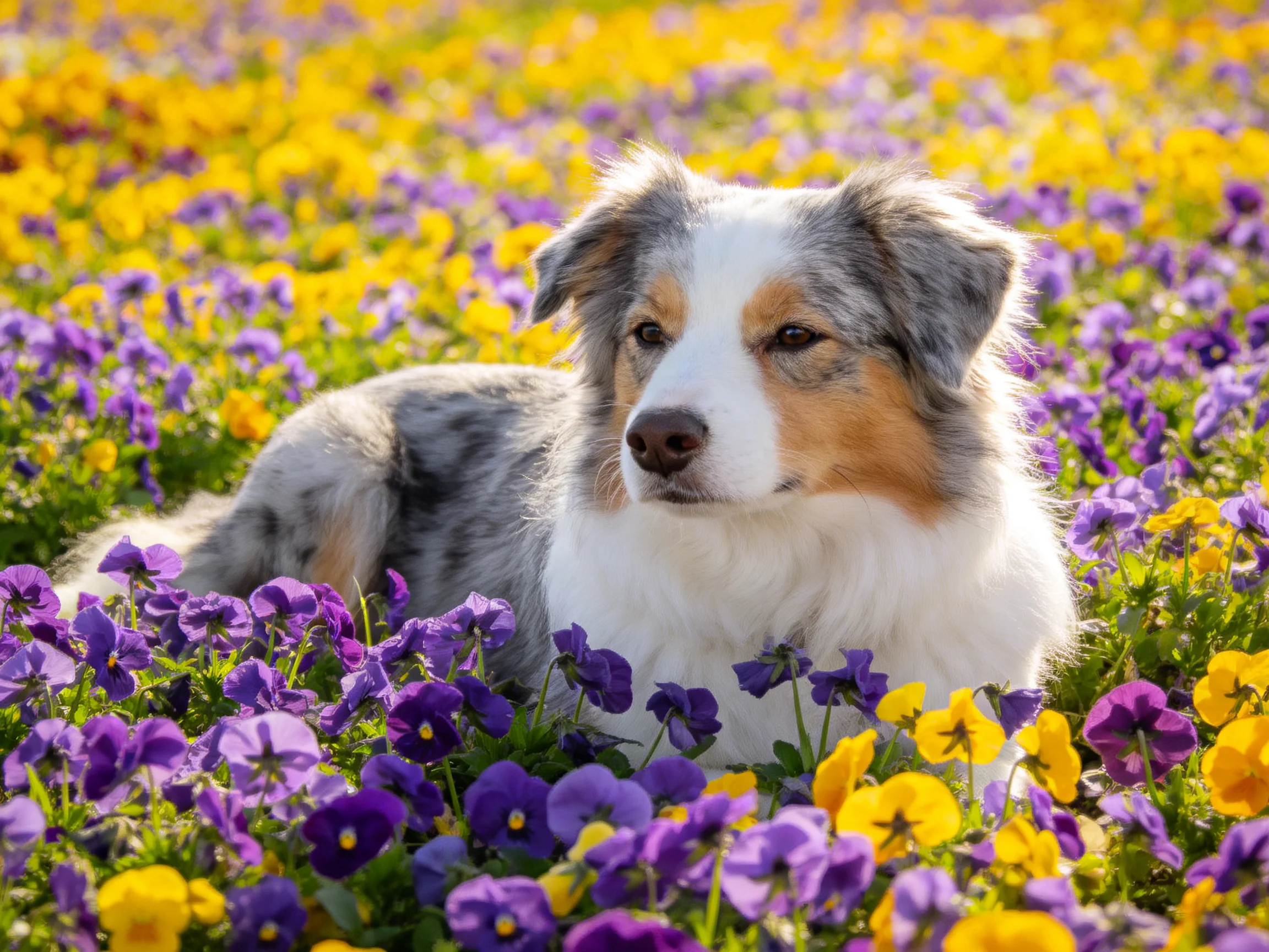 A tricolor dog lies among abundant purple and yellow flowers