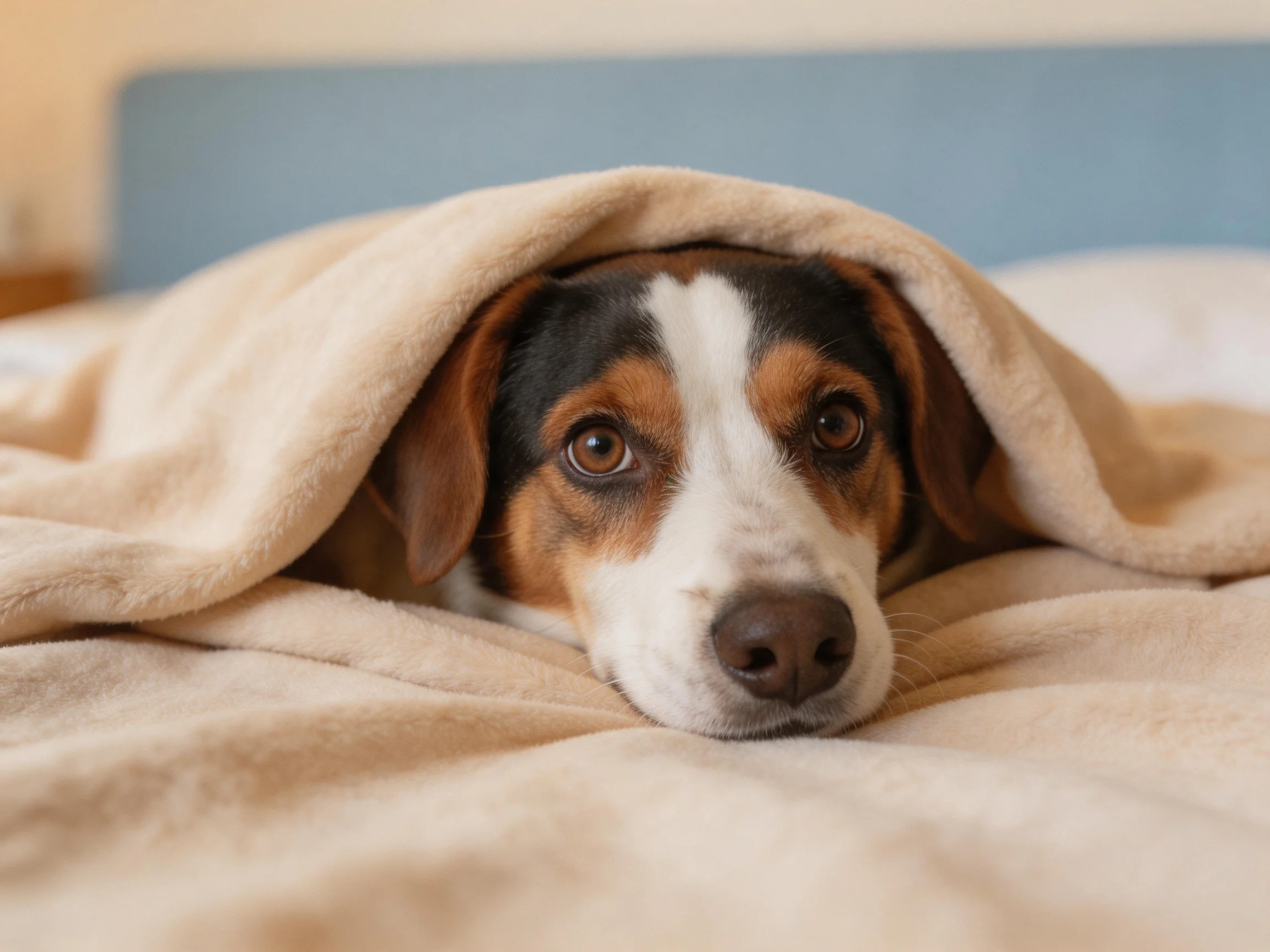 A tricolor dog rests under a beige blanket on a bed.