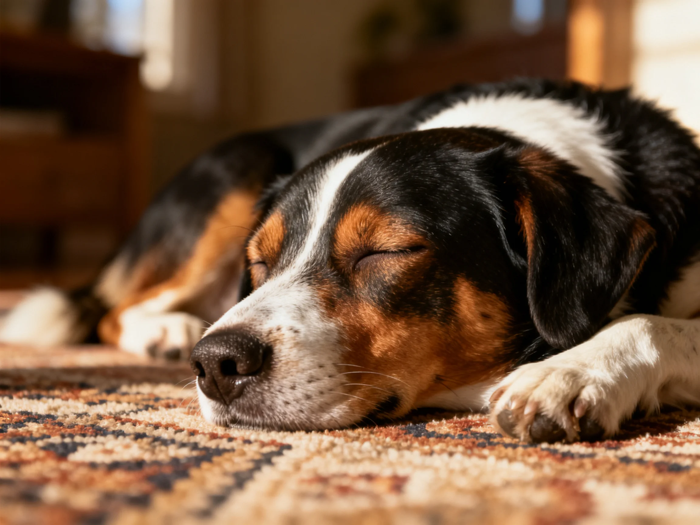 A tricolor dog peacefully sleeps on a patterned rug in a sunlit room