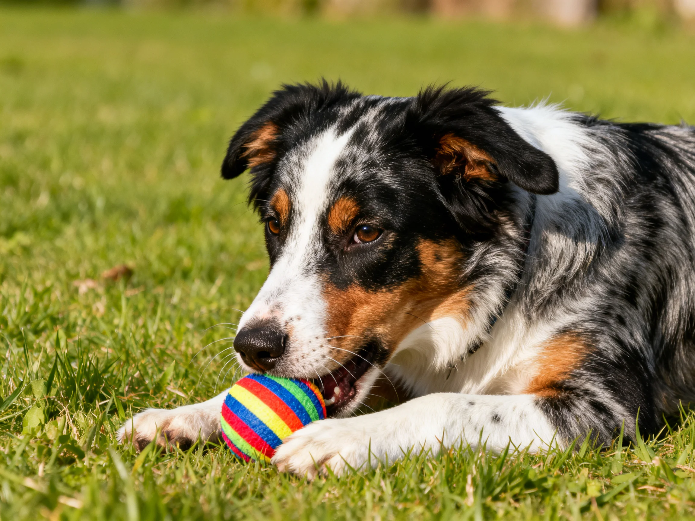 A tricolor dog plays with a rainbow-striped ball on green grass