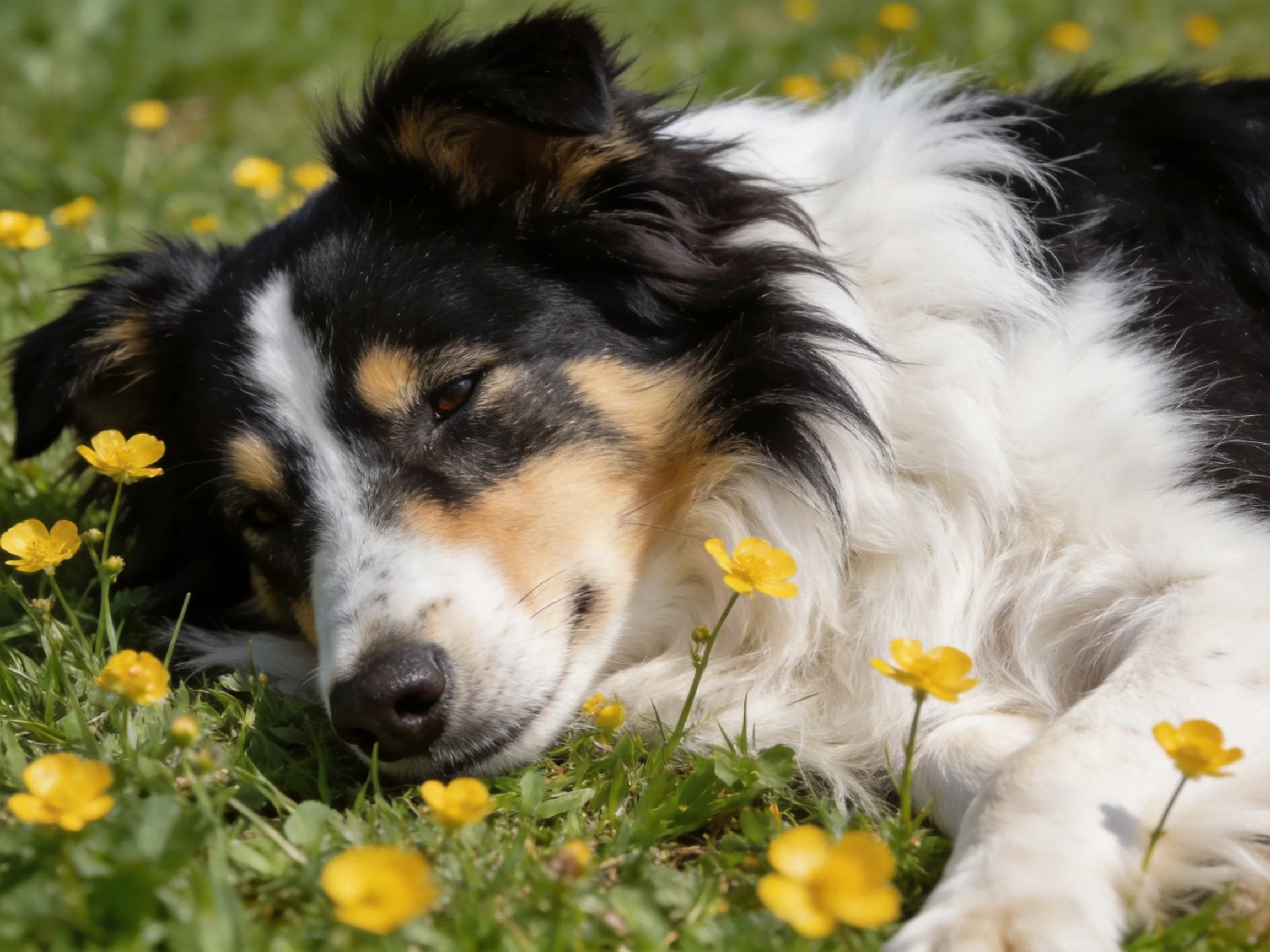 A tricolor dog relaxes near bright yellow wildflowers in green grass