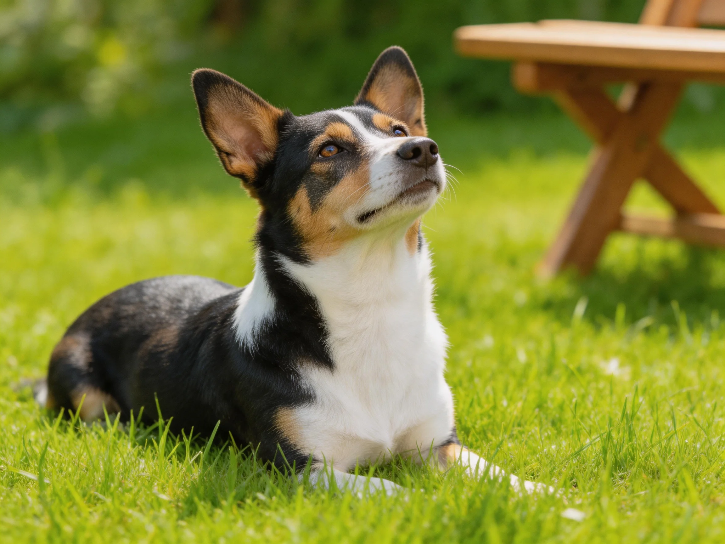A tricolor dog rests on green grass in a sunny outdoor area.