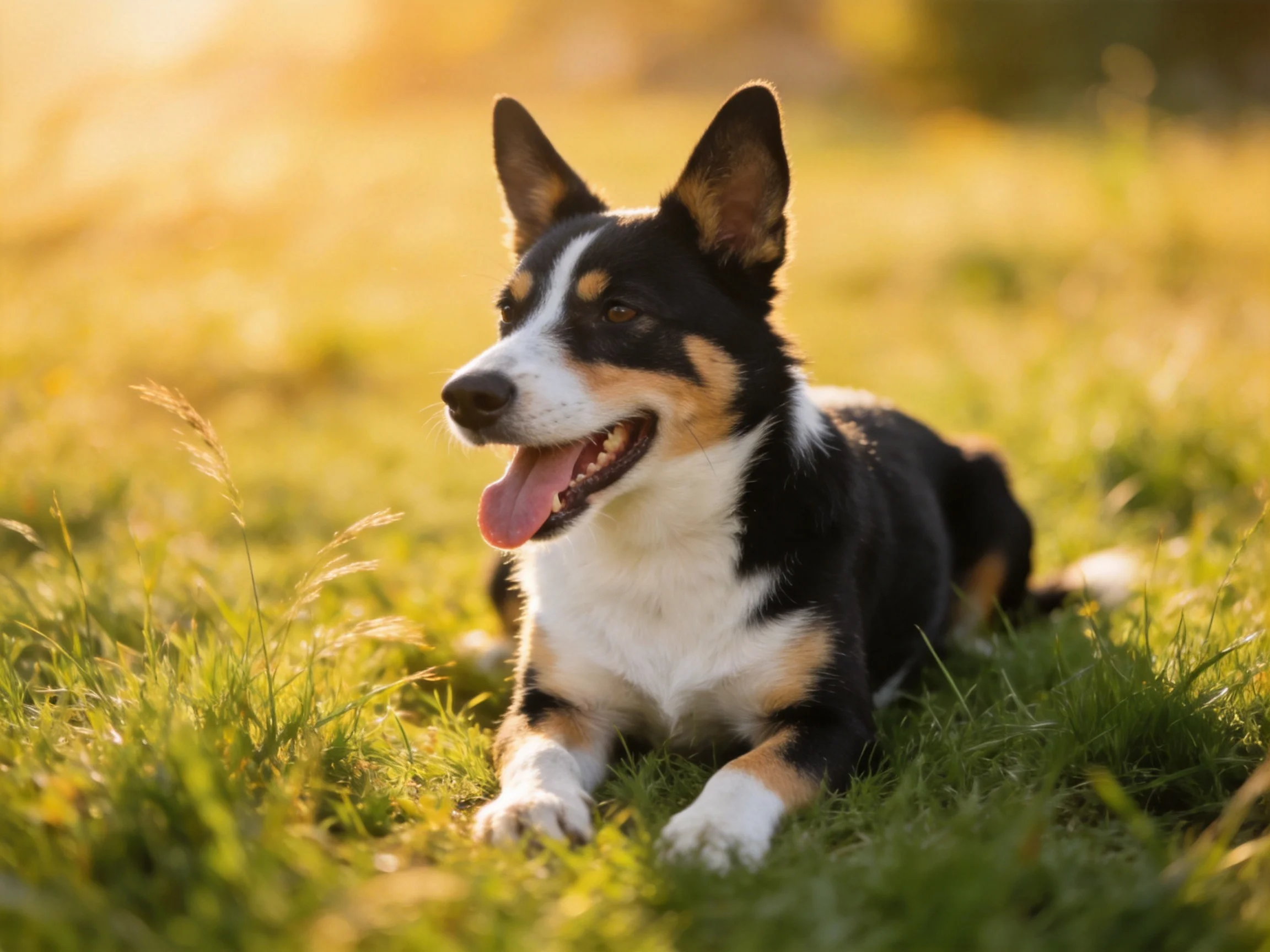 A tricolor dog rests on sunlit grass in an outdoor area.