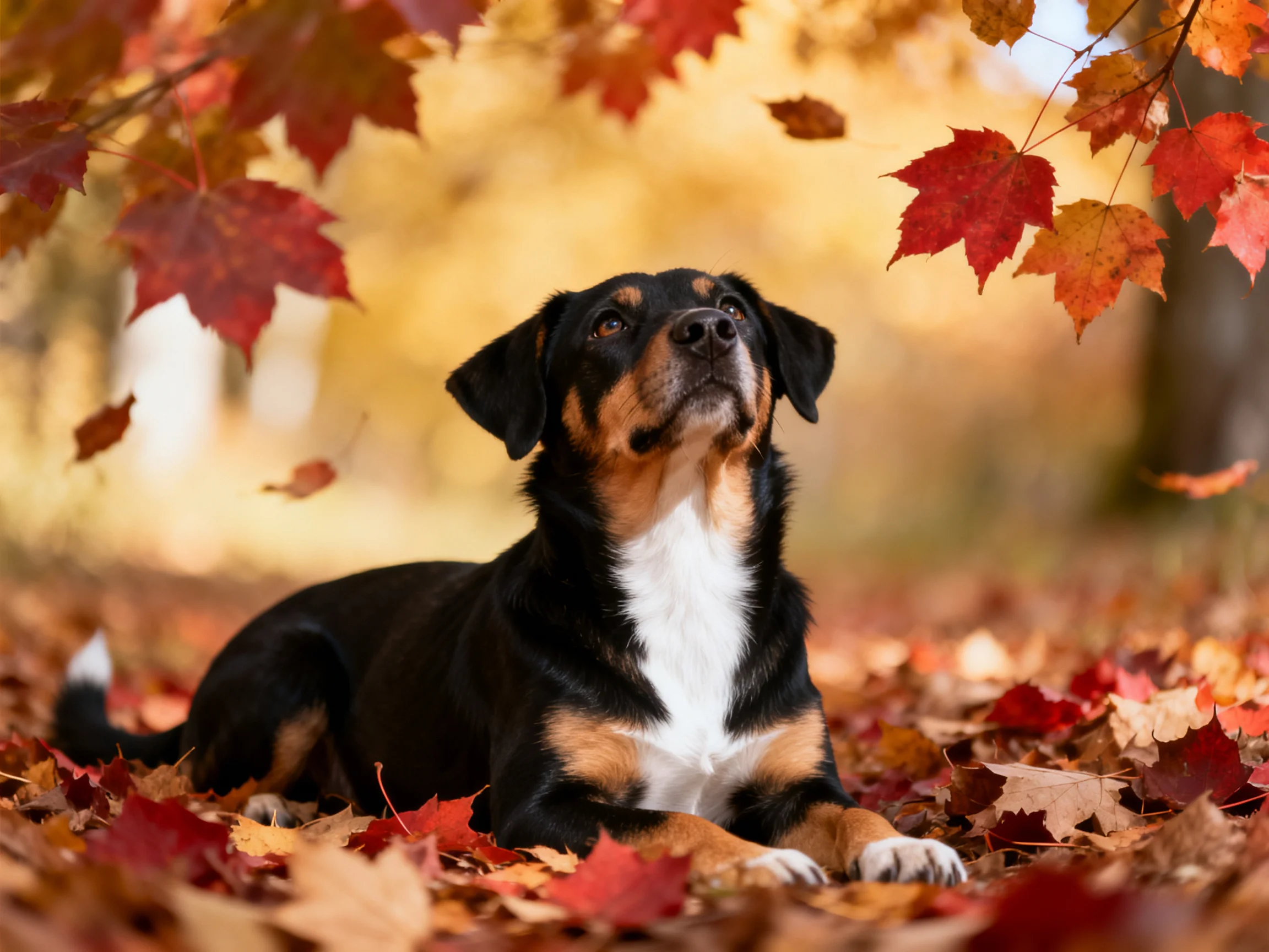 A tricolor dog rests amid vibrant autumn foliage