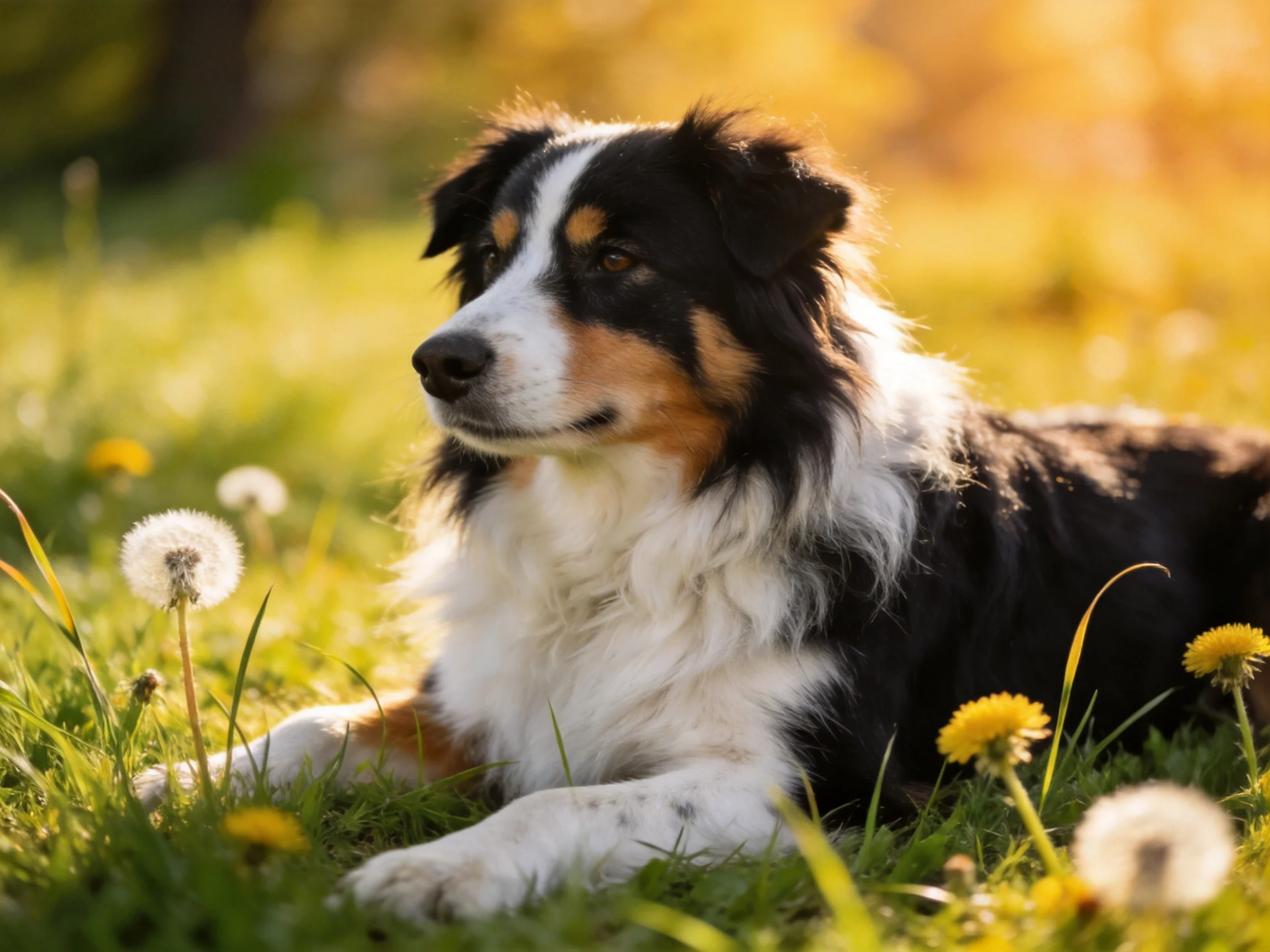 A tricolor dog lies calmly among dandelions in a sunlit meadow.