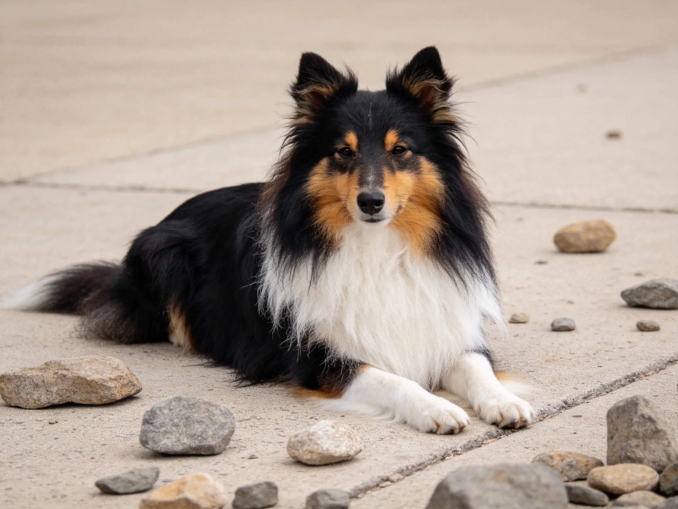 A tricolor dog rests amid scattered stones on pavement.