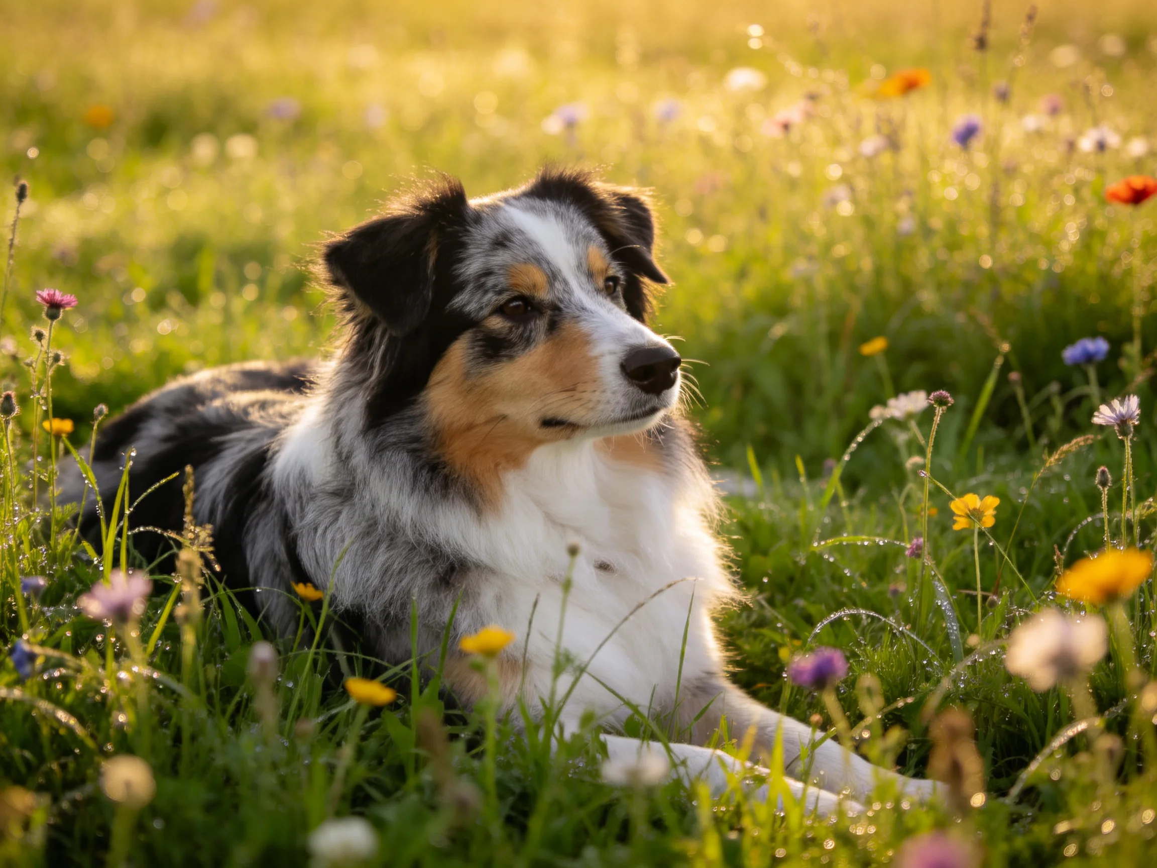 A tricolor dog rests among vibrant wildflowers in a sunlit meadow