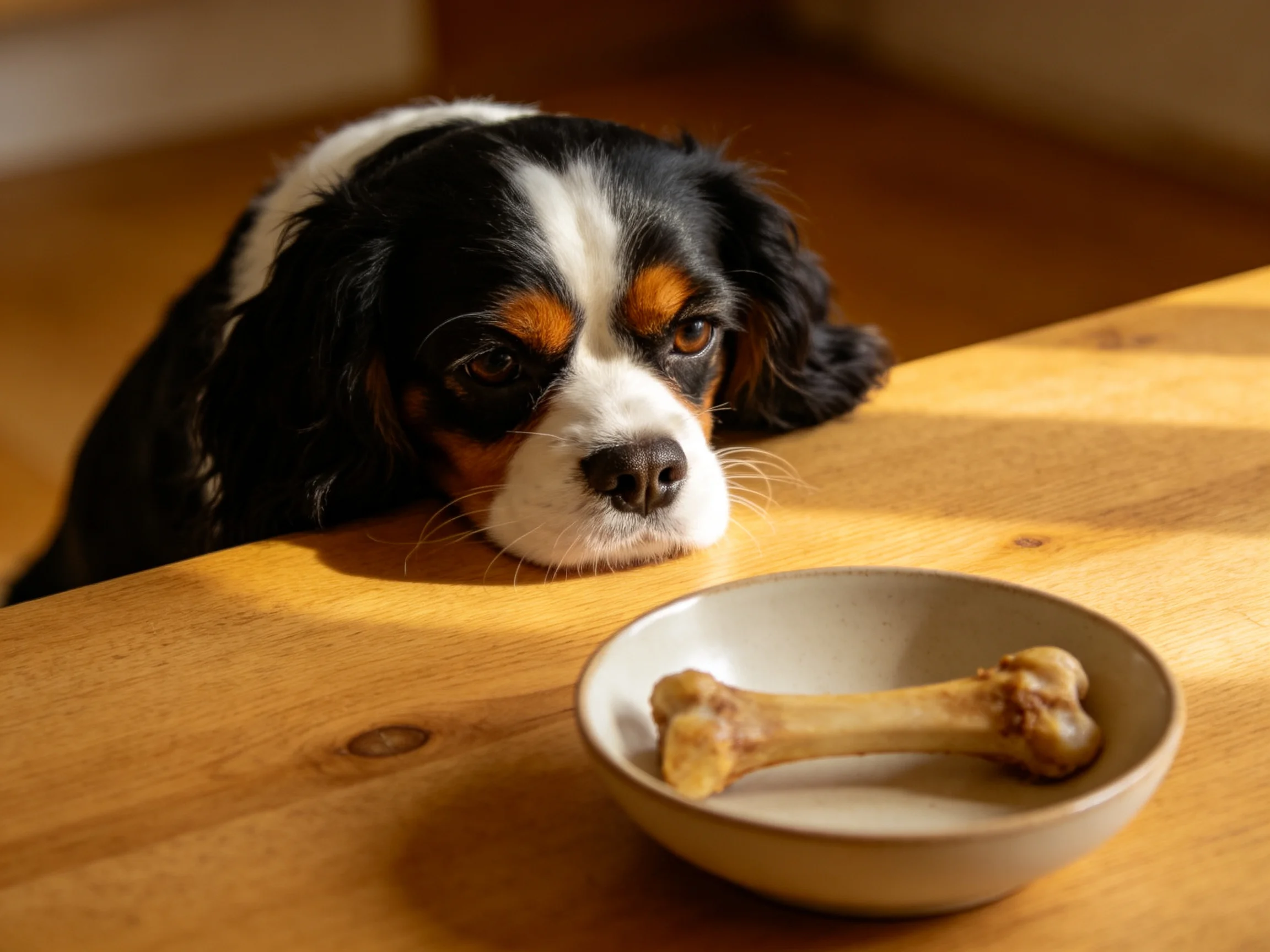 A tricolor dog rests near a bowl with a bone, fixated on it.