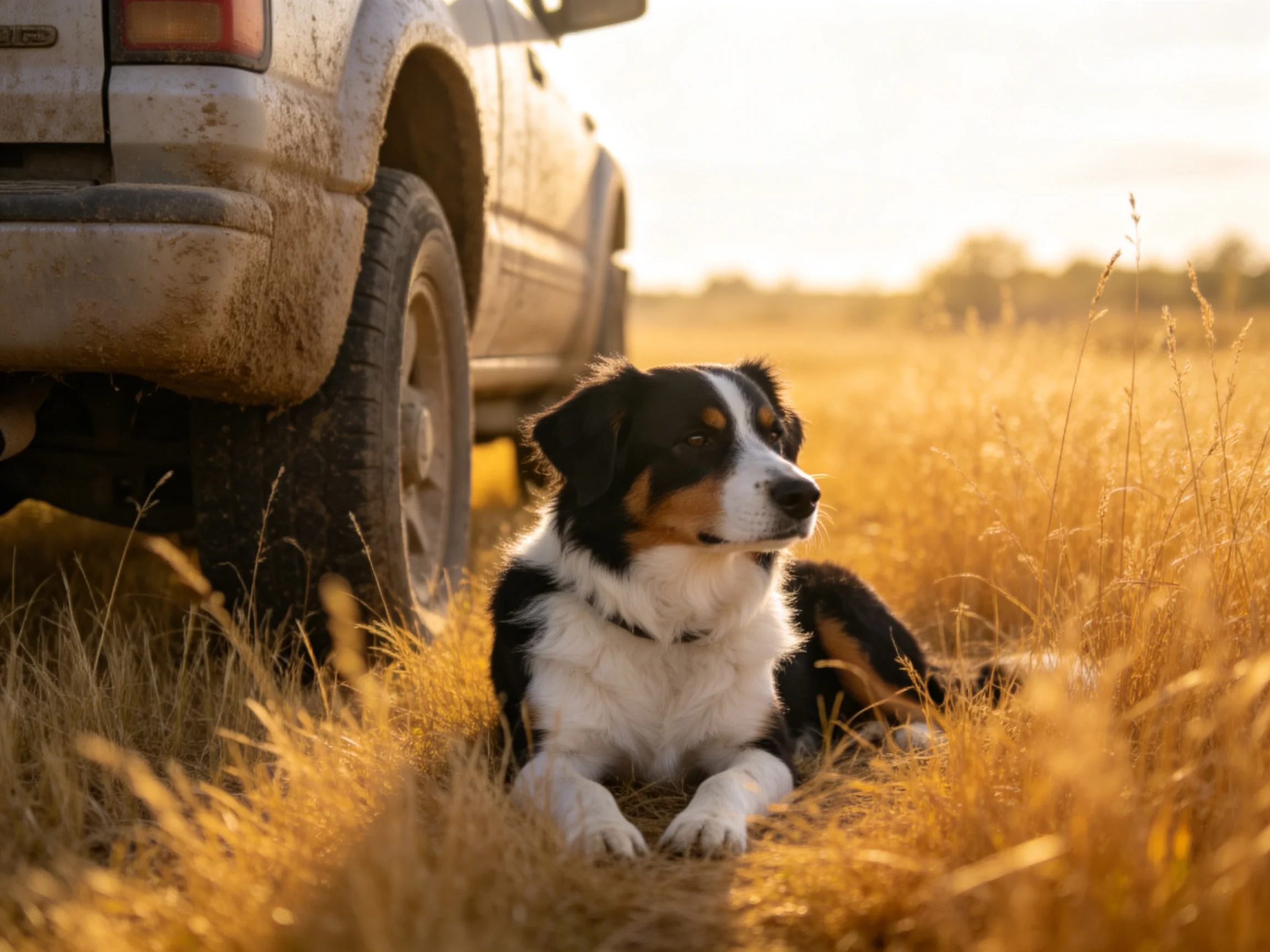 A tricolor dog rests beside a muddy off-road truck in golden fields