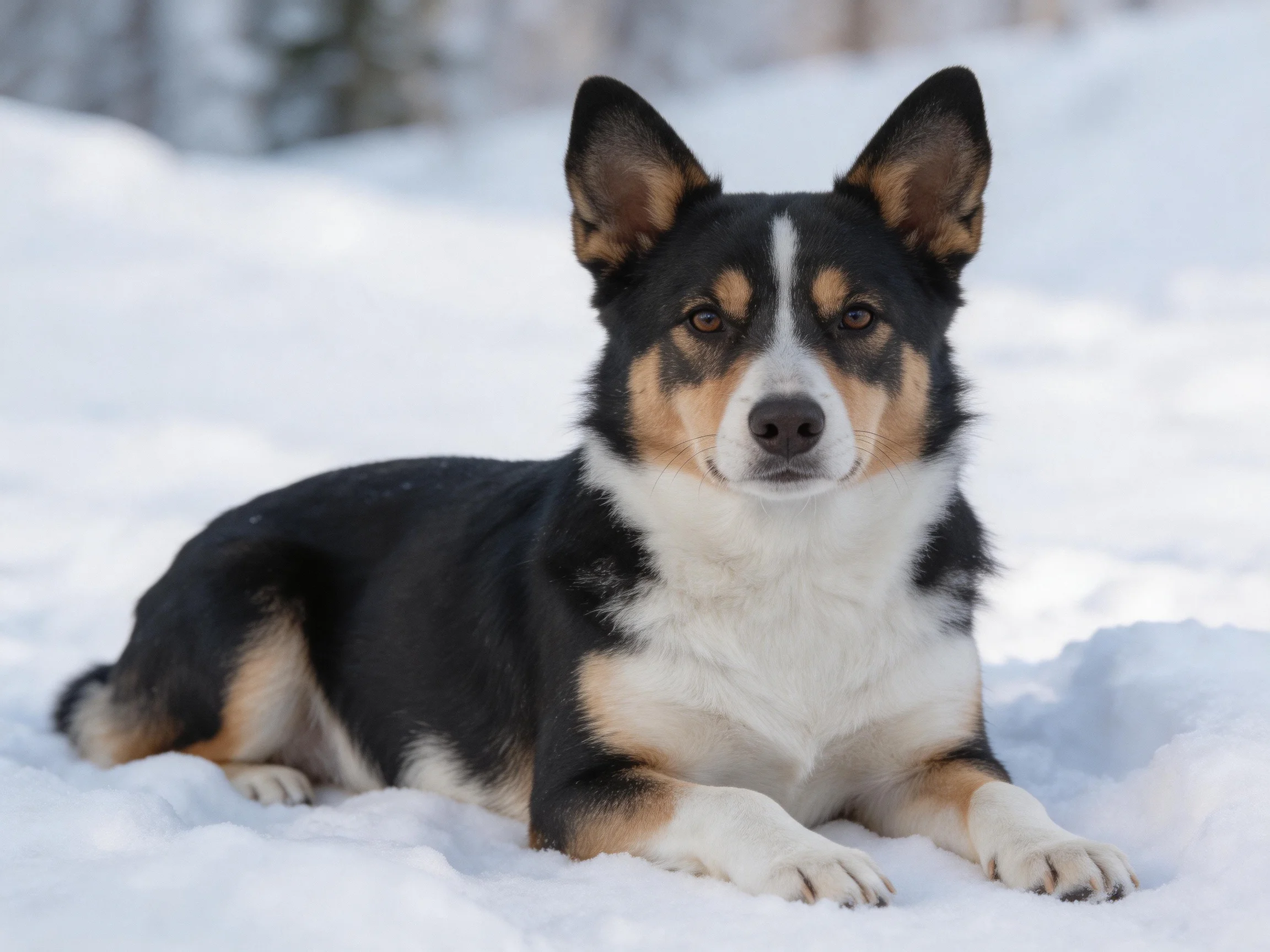 A tricolor dog rests calmly amid a snowy landscape
