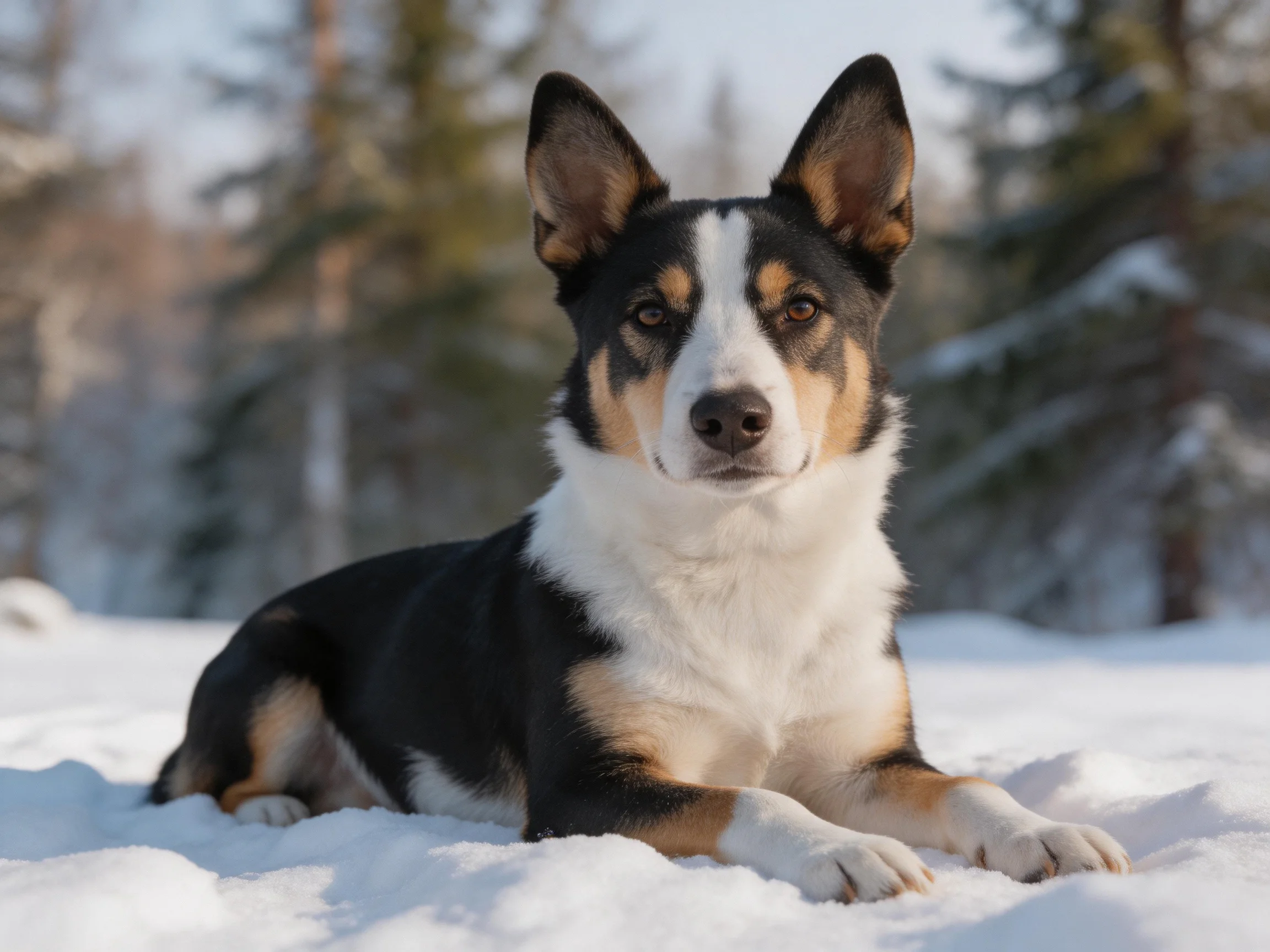 A tricolor dog lies calmly in the snow near trees.