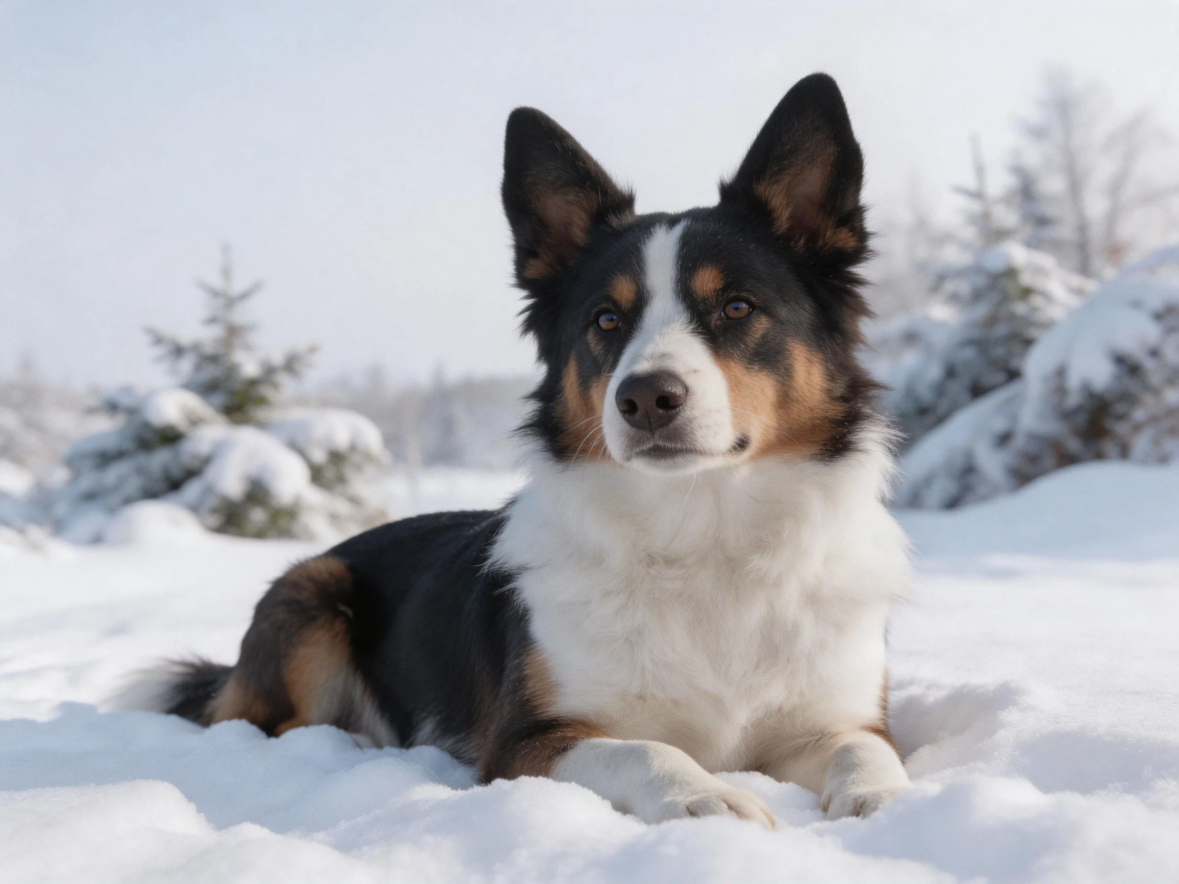 A tricolor dog rests in a snowy winter landscape