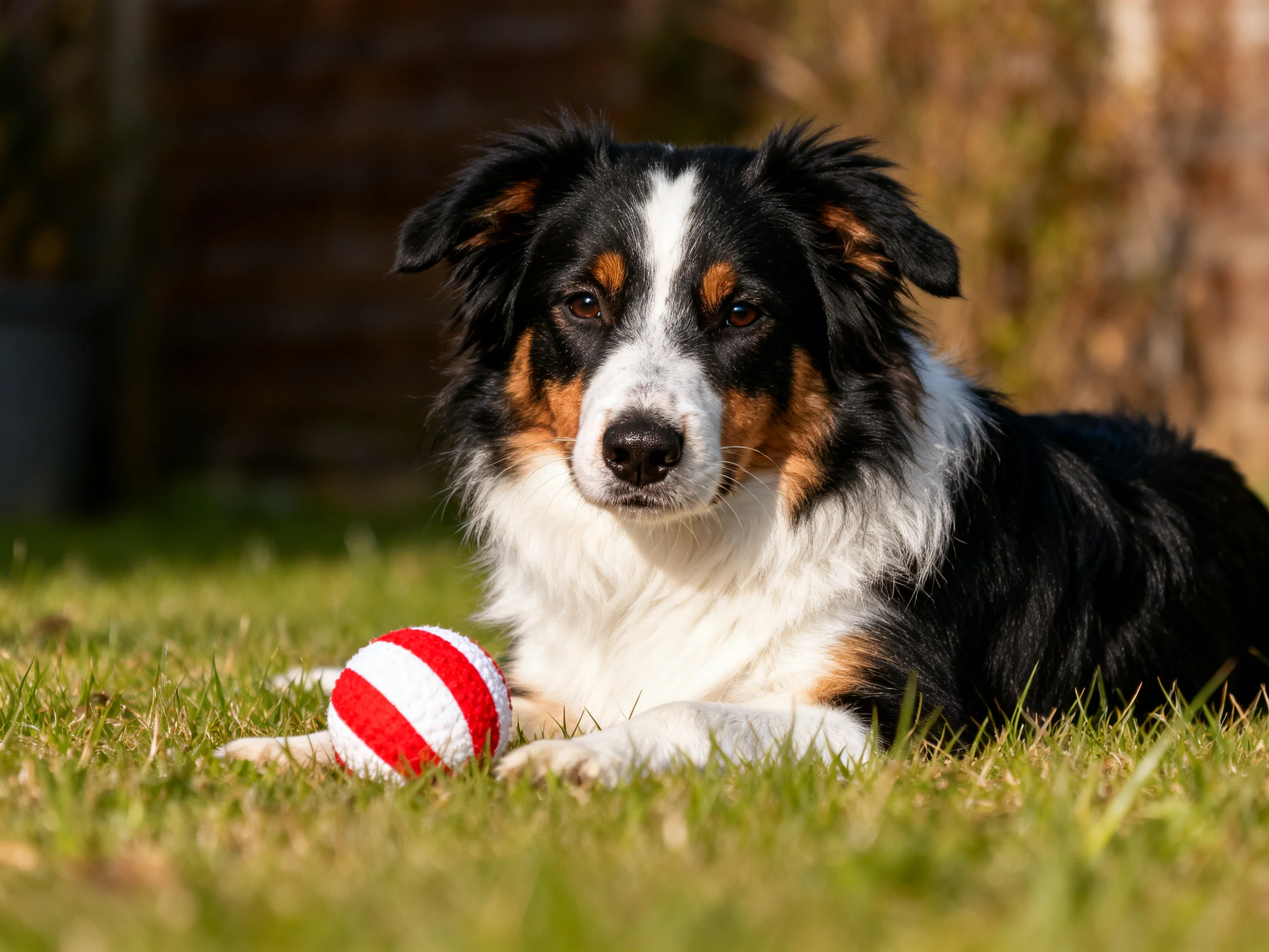 A tricolor dog lies beside a red-and-white ball on grass in a sunlit outdoor area.