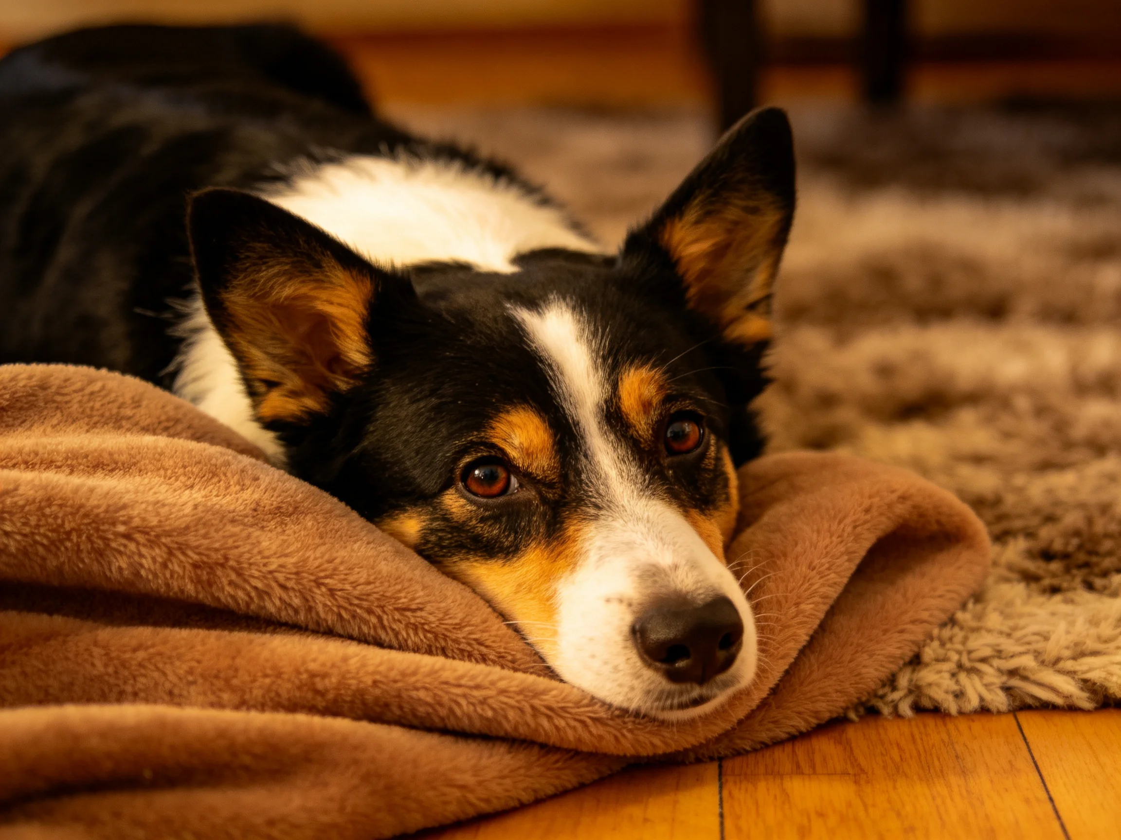 A tricolor dog rests on a brown blanket near a shaggy rug