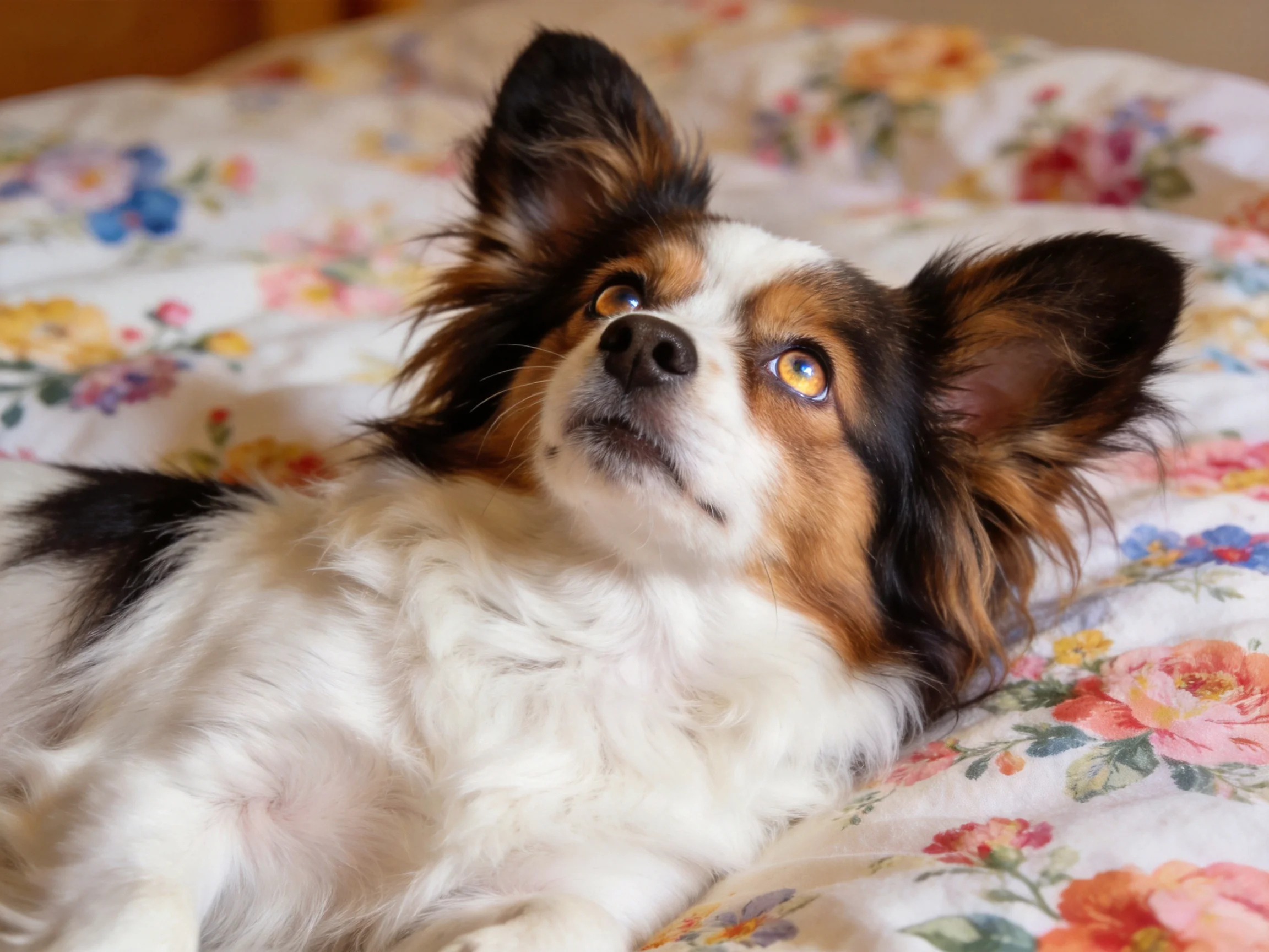 A tricolor dog lies on a floral bedspread