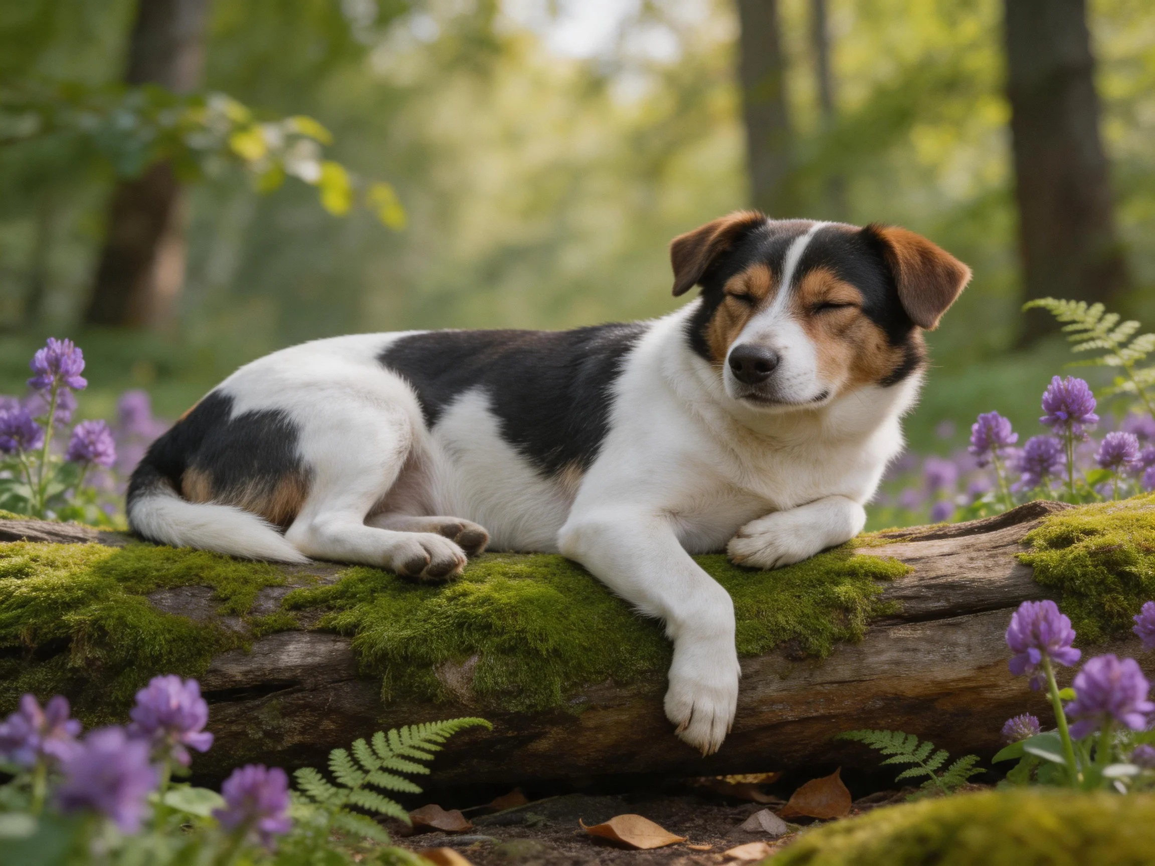 A tricolor dog rests on a moss-covered log amid purple wildflowers