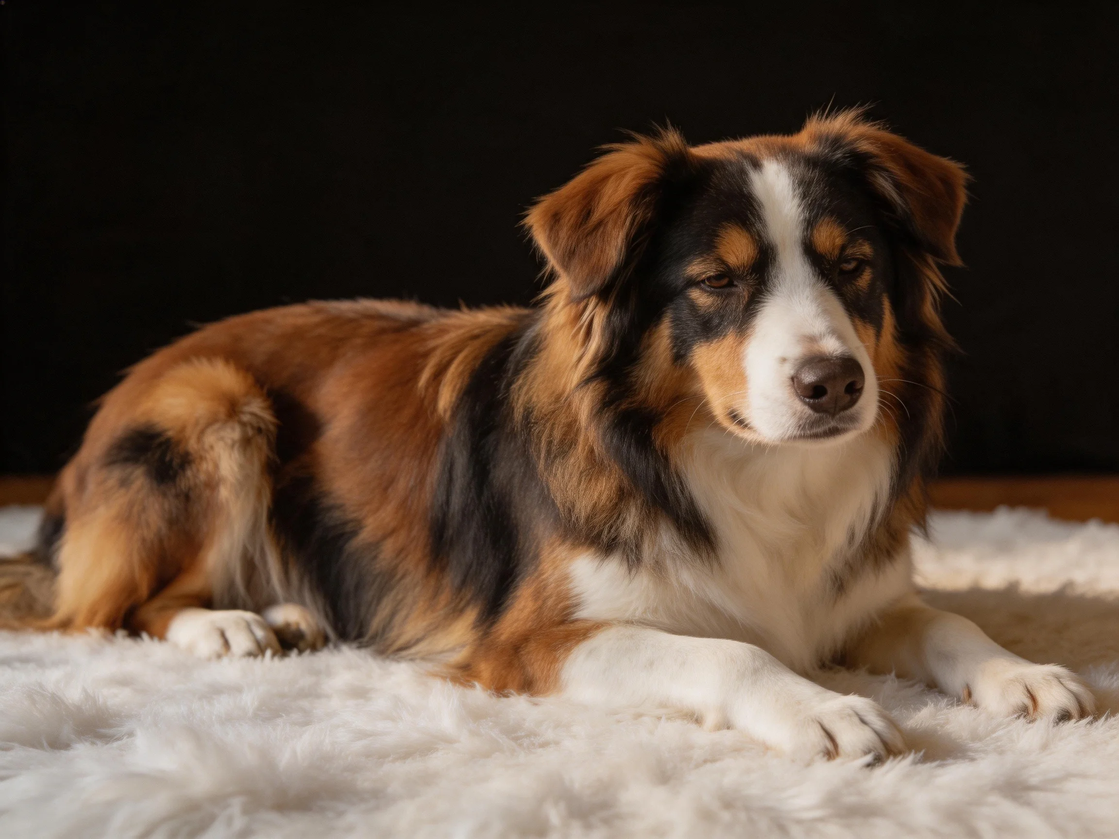 A tricolor dog rests on a plush white rug against a dark backdrop
