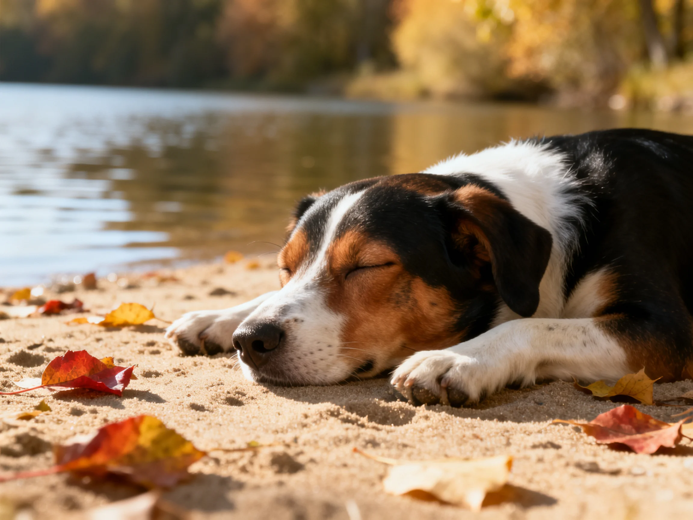 A tricolor dog rests on a sandy lakeshore amid autumn leaves