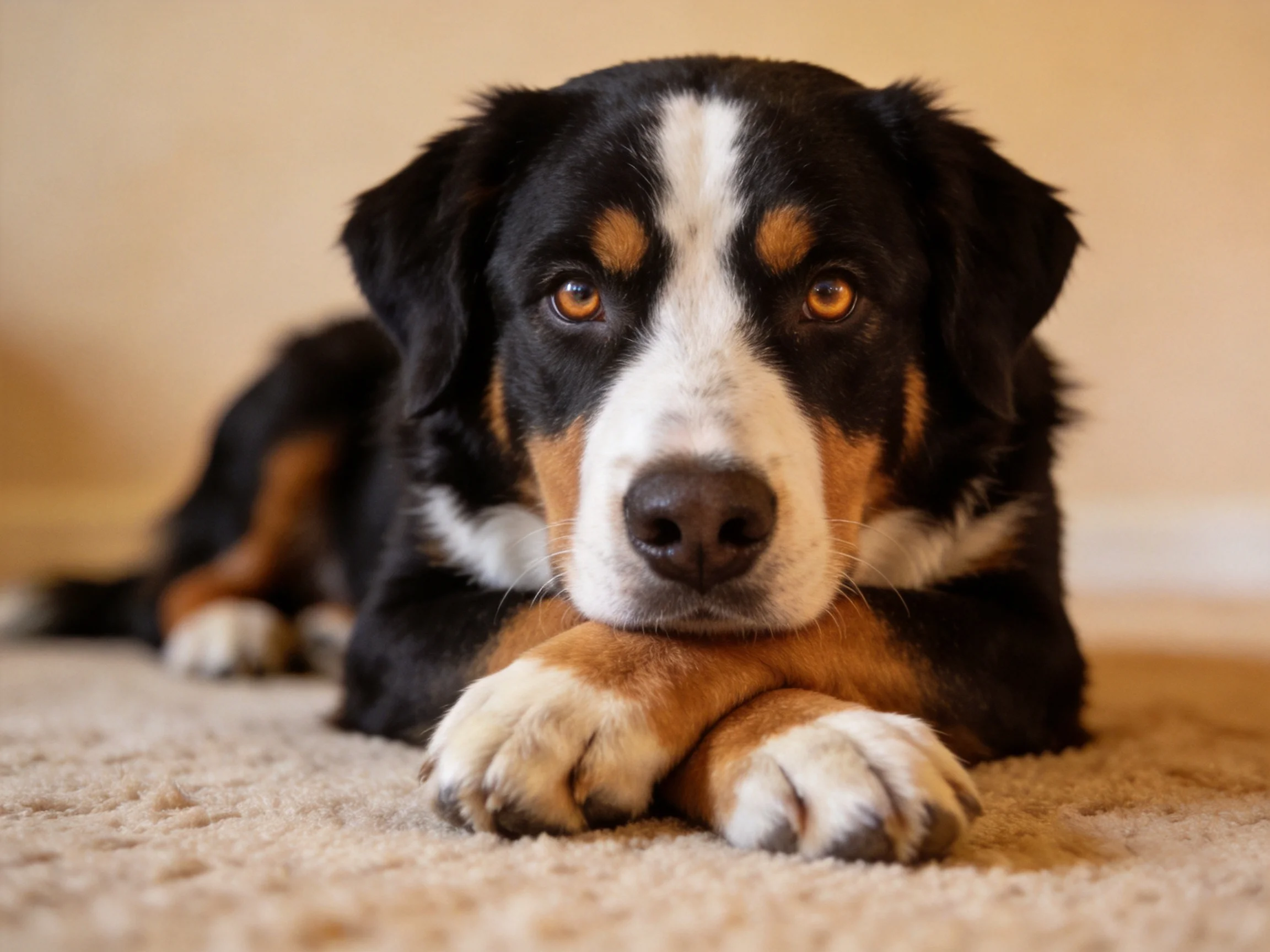 A tricolor dog relaxes on a beige carpet indoors