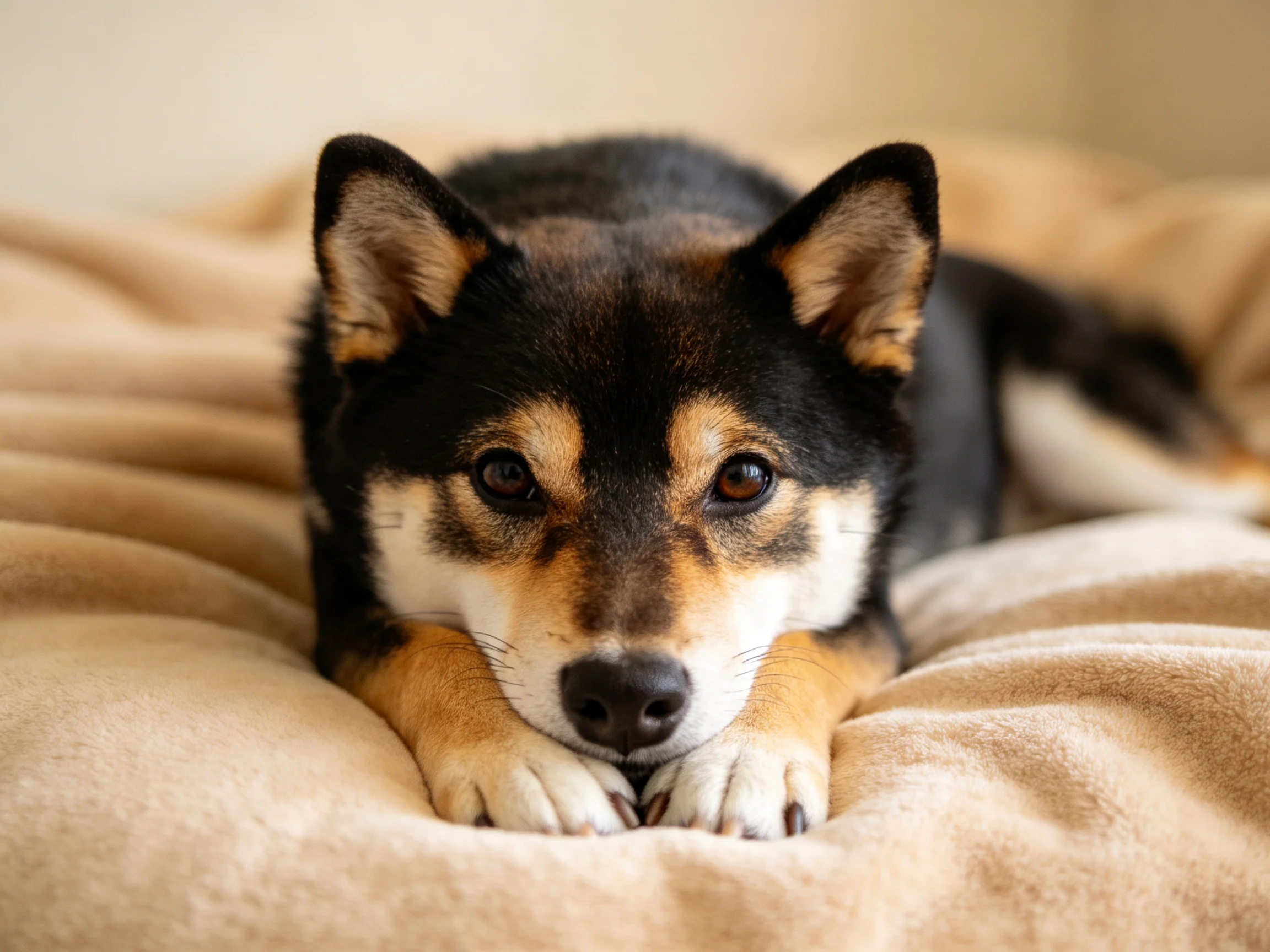 A tricolor dog rests comfortably on a beige cushion.