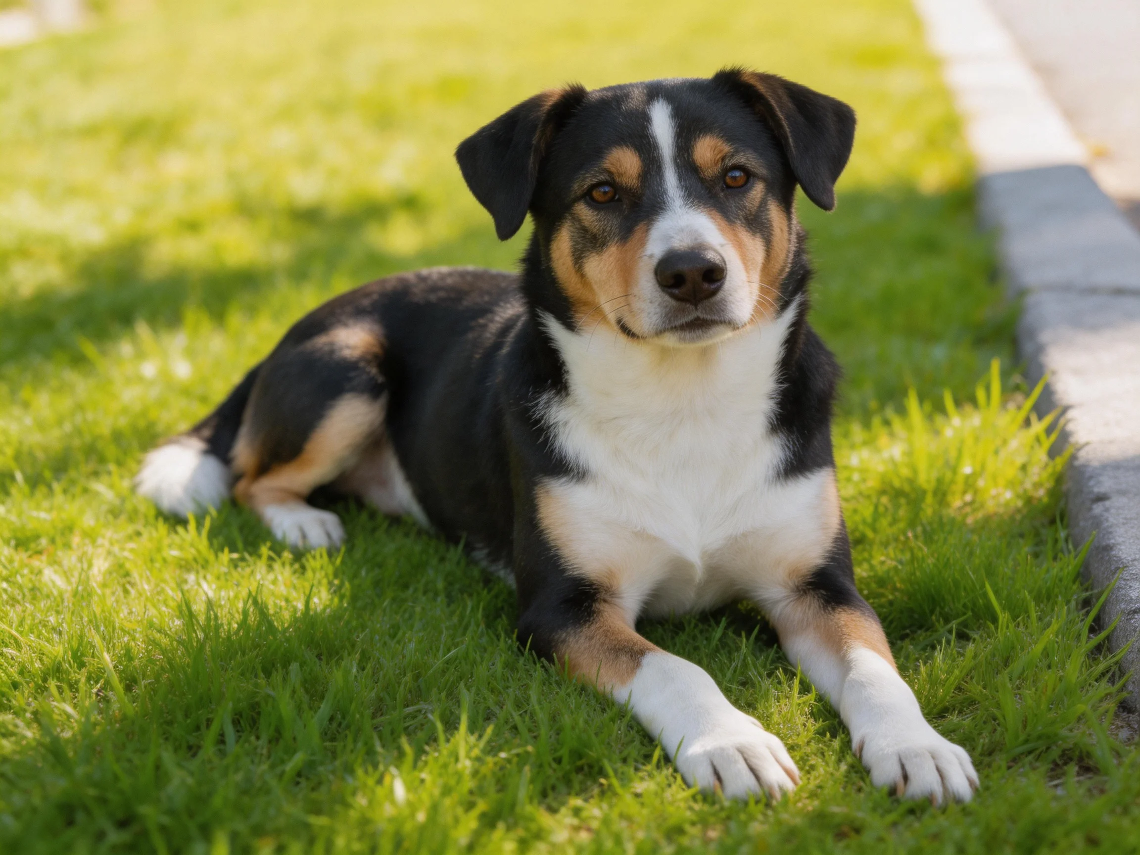 A tricolor dog lies calmly on vibrant grass next to a concrete edge.