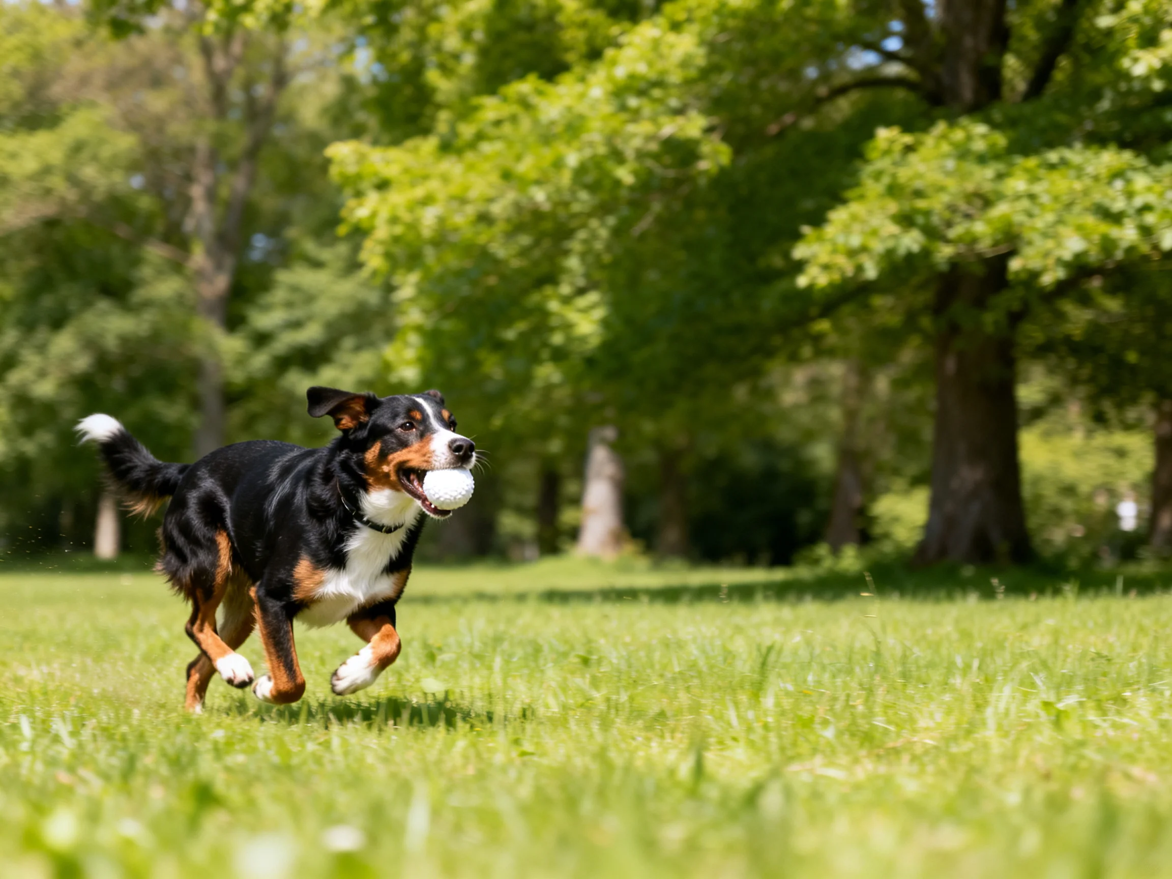 A tricolor dog runs through a sunlit green park carrying a ball