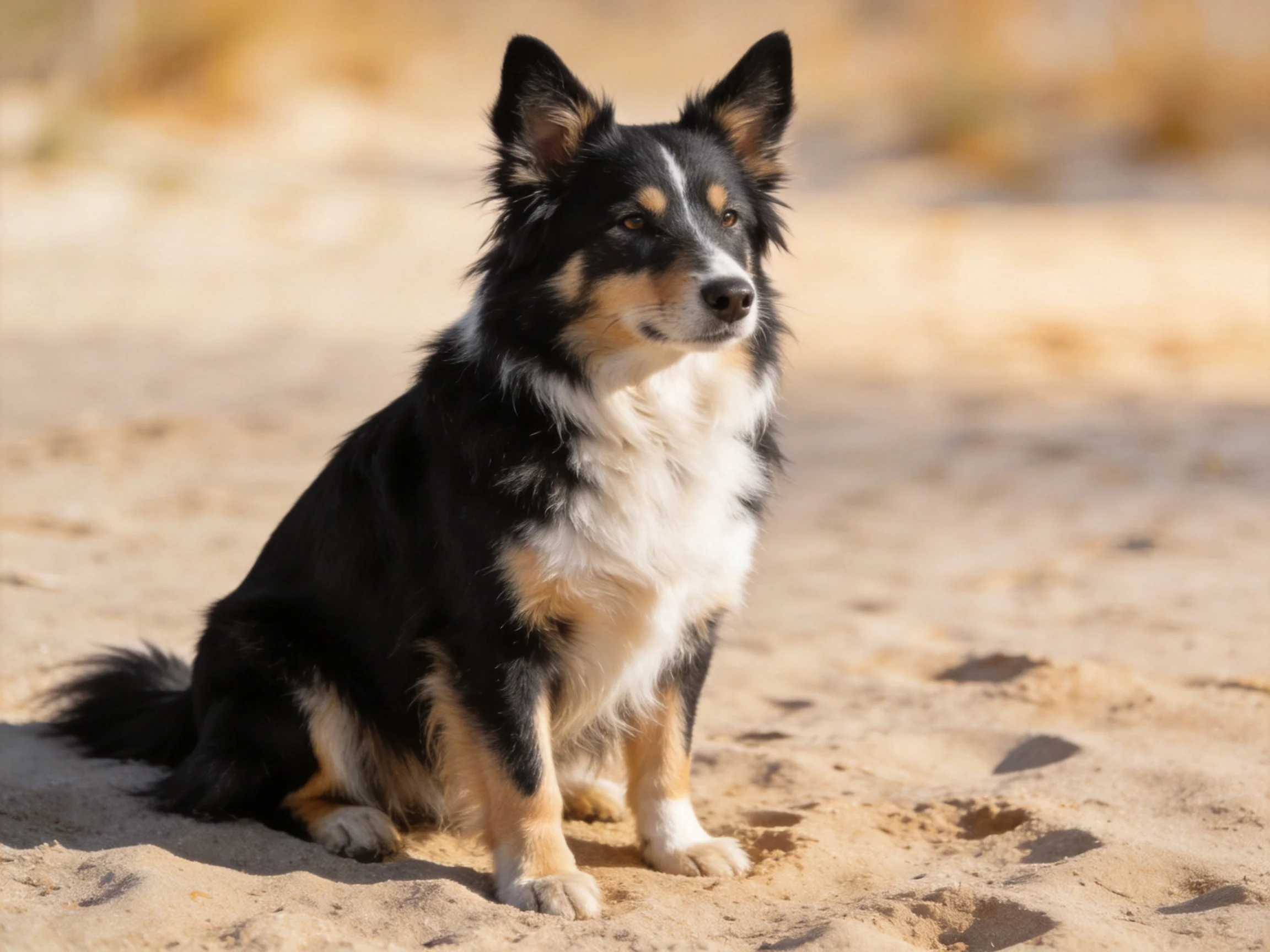 A tricolor dog sits alertly on sandy terrain
