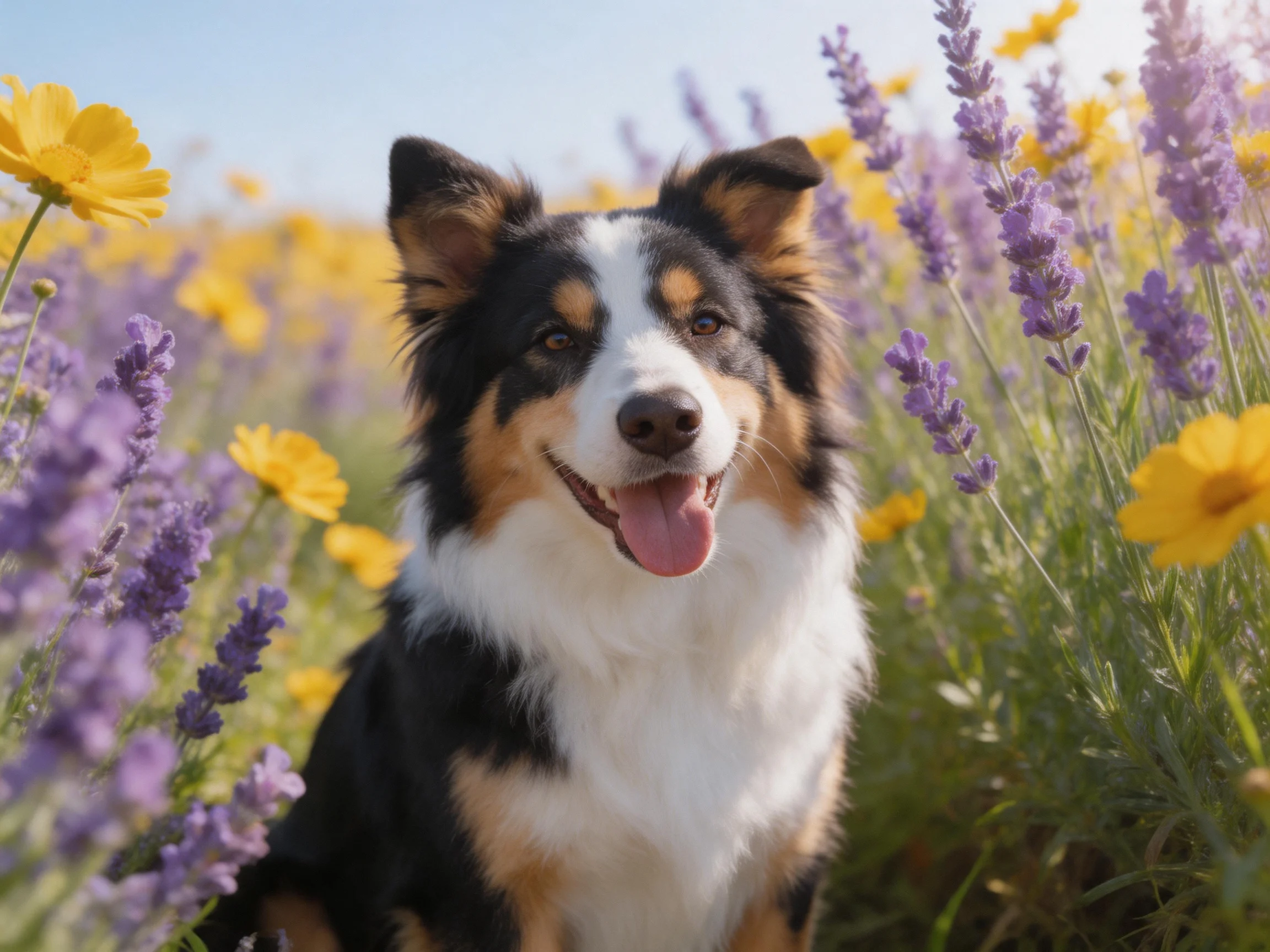 A happy tricolor dog enjoys the company of colorful flower fields.