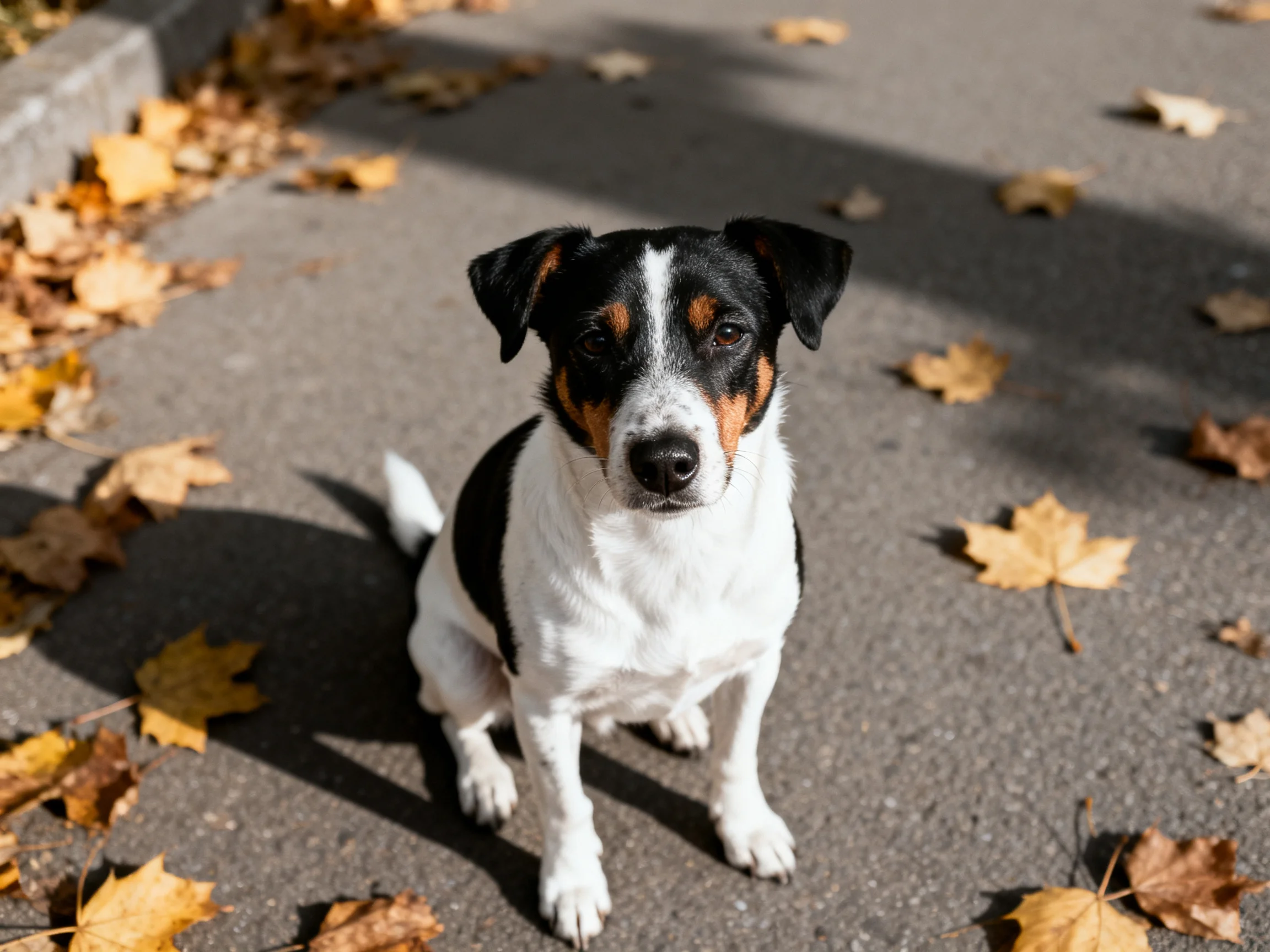 A tricolor dog sits calmly among fallen autumn leaves on pavement.