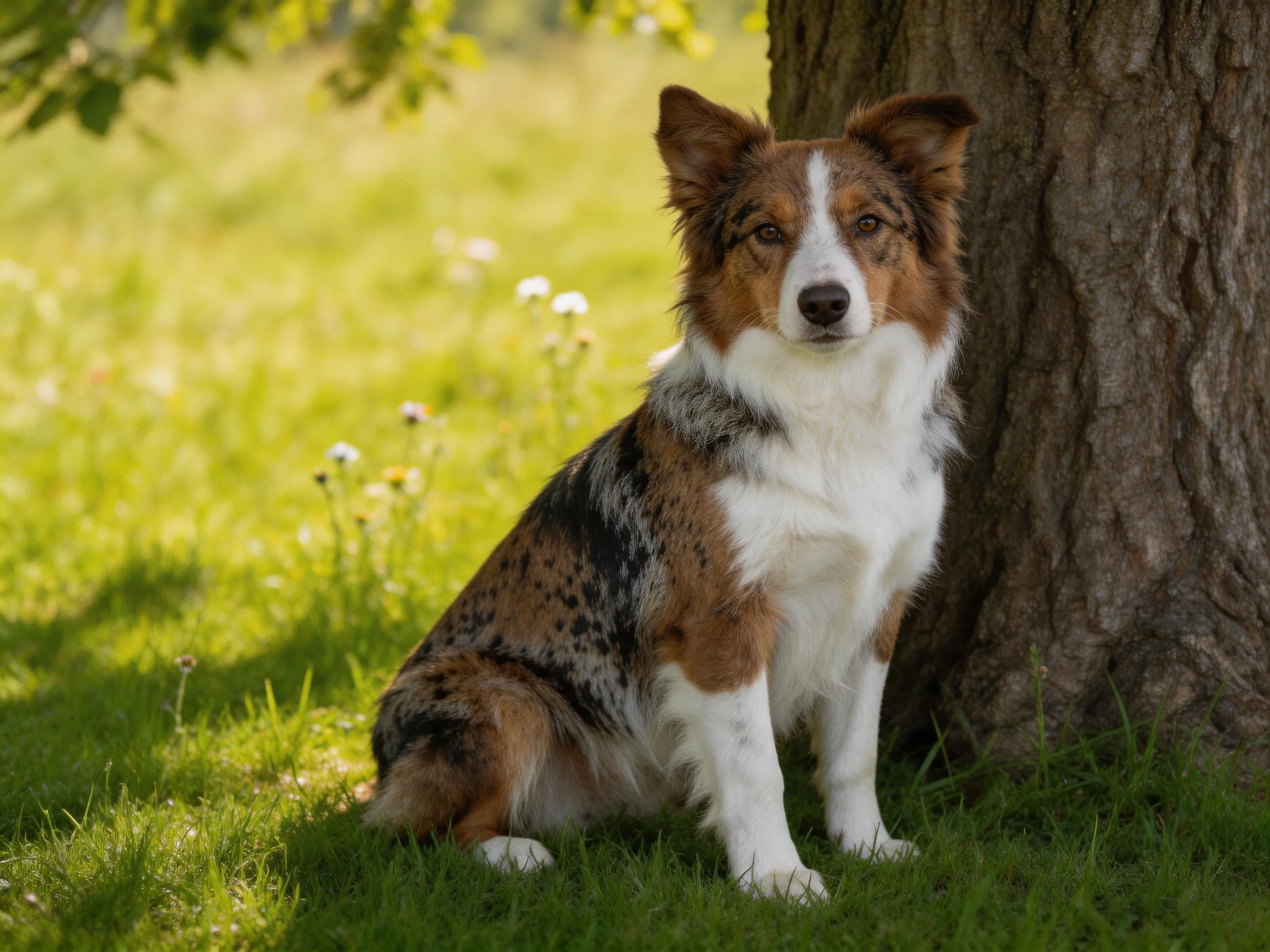 A tricolor dog rests near a large tree in a sunlit grassy area.