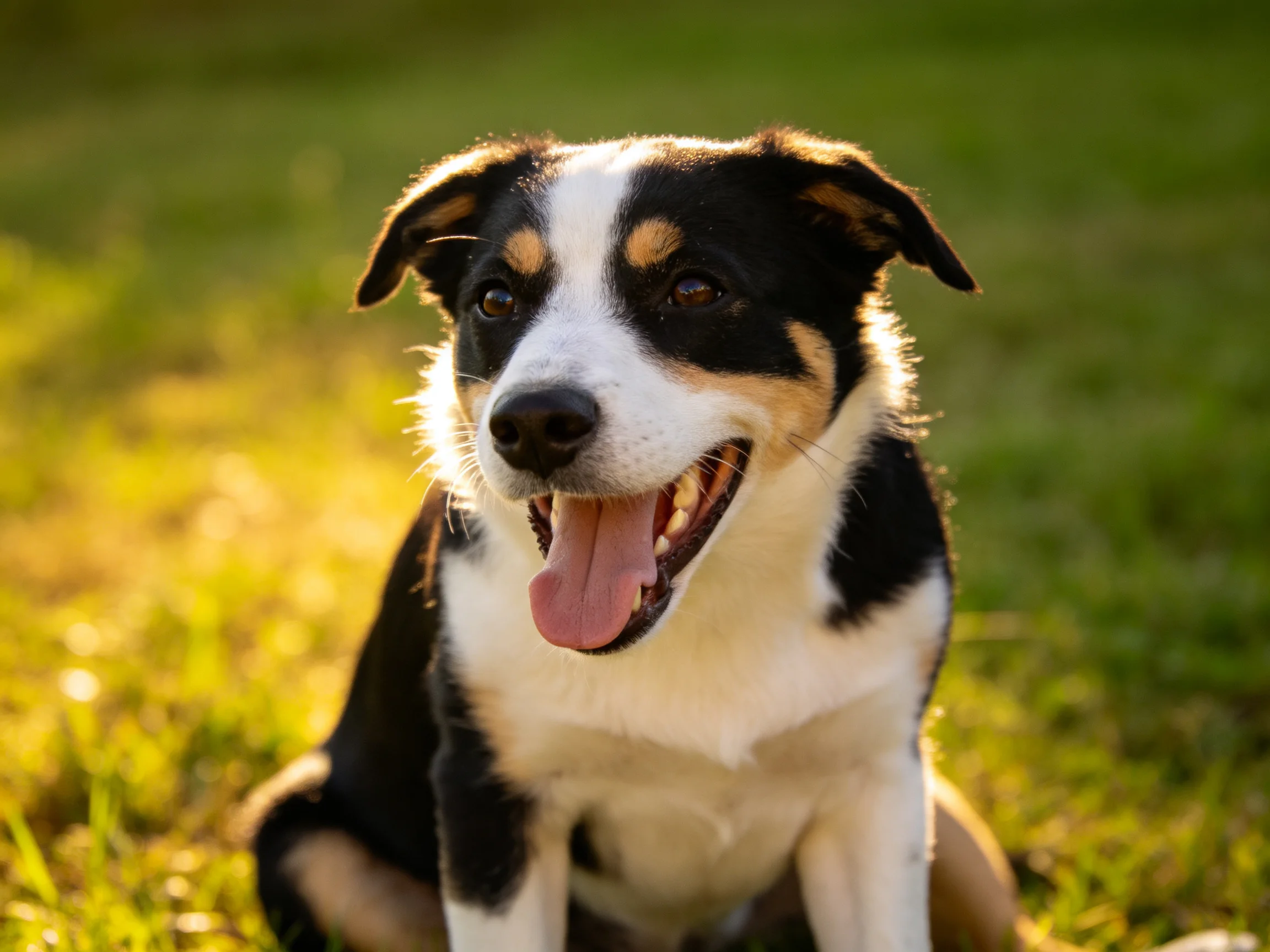 A tricolor dog sits contentedly on sunlit green grass