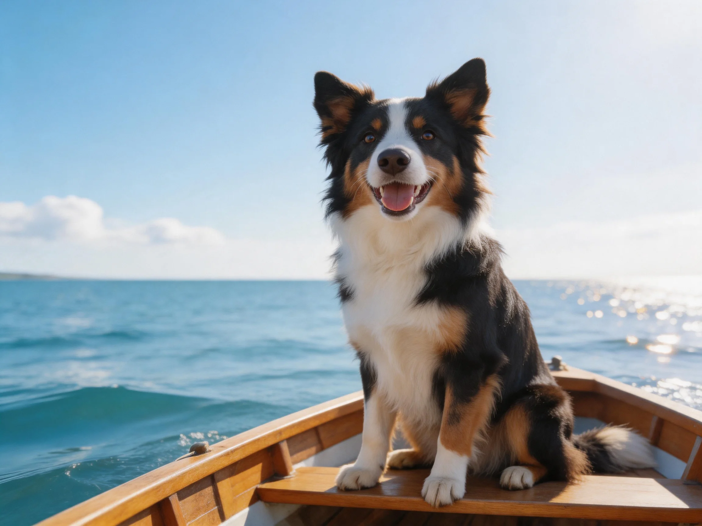 A tricolor dog sits happily in a wooden boat on serene blue waters