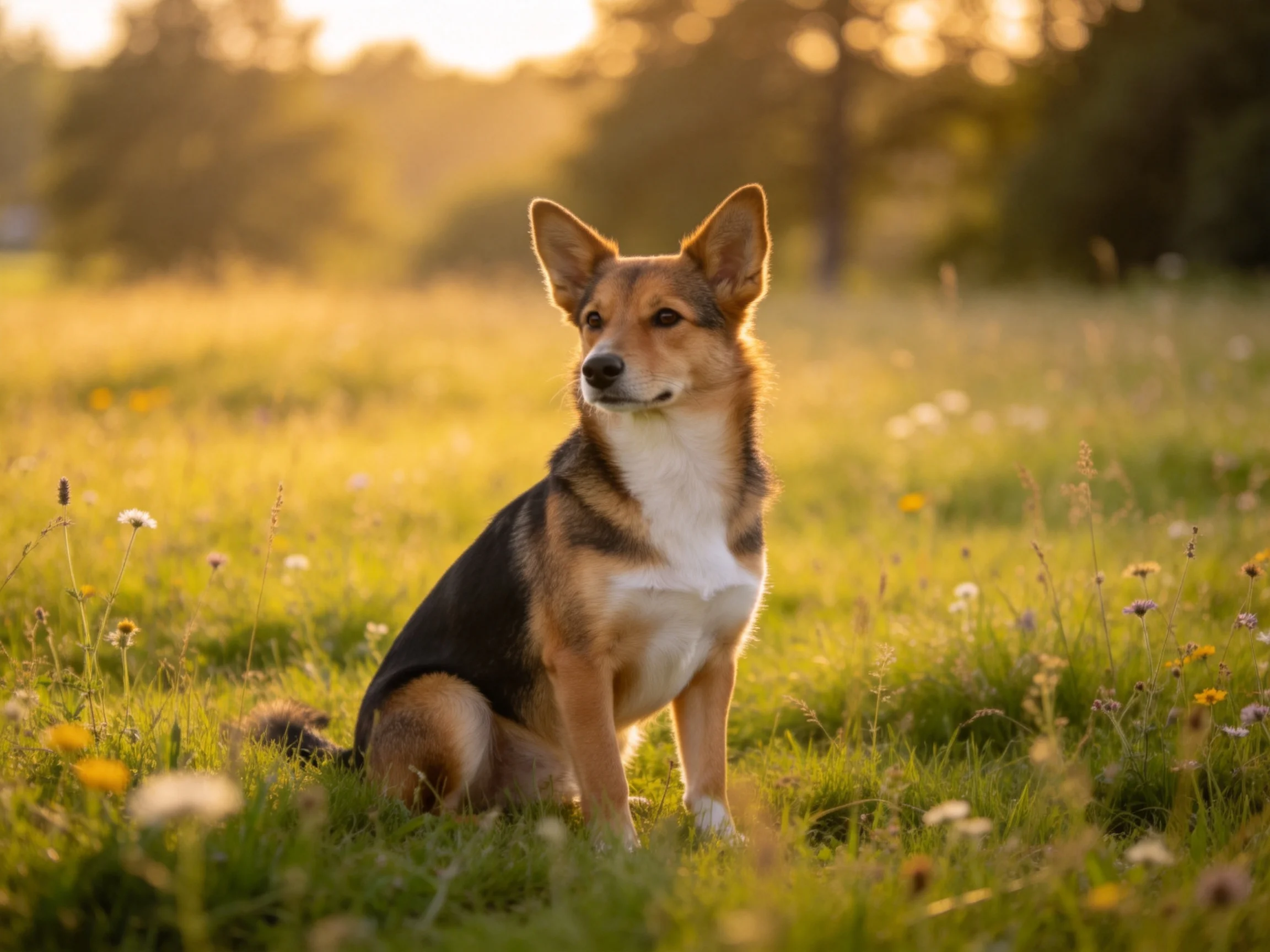 A tricolor dog sits peacefully in a sunlit meadow with wildflowers