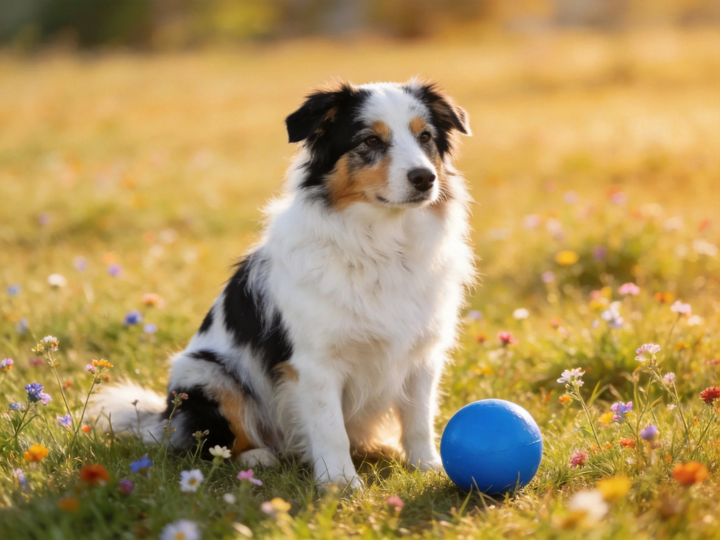 A tricolor dog sits beside a blue ball in a flowered field.