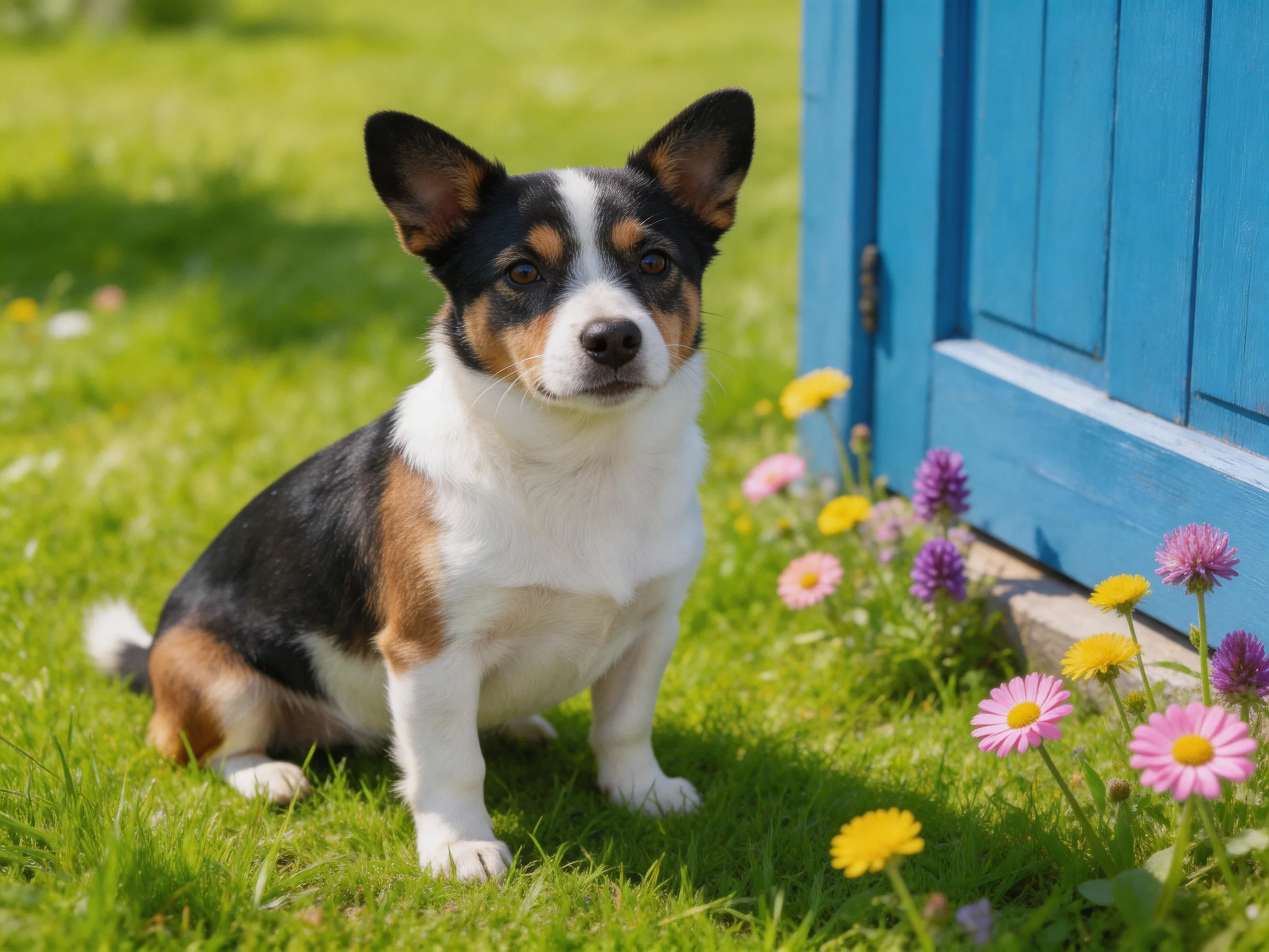 A tricolor dog sits on grass beside a blue structure with flowers.