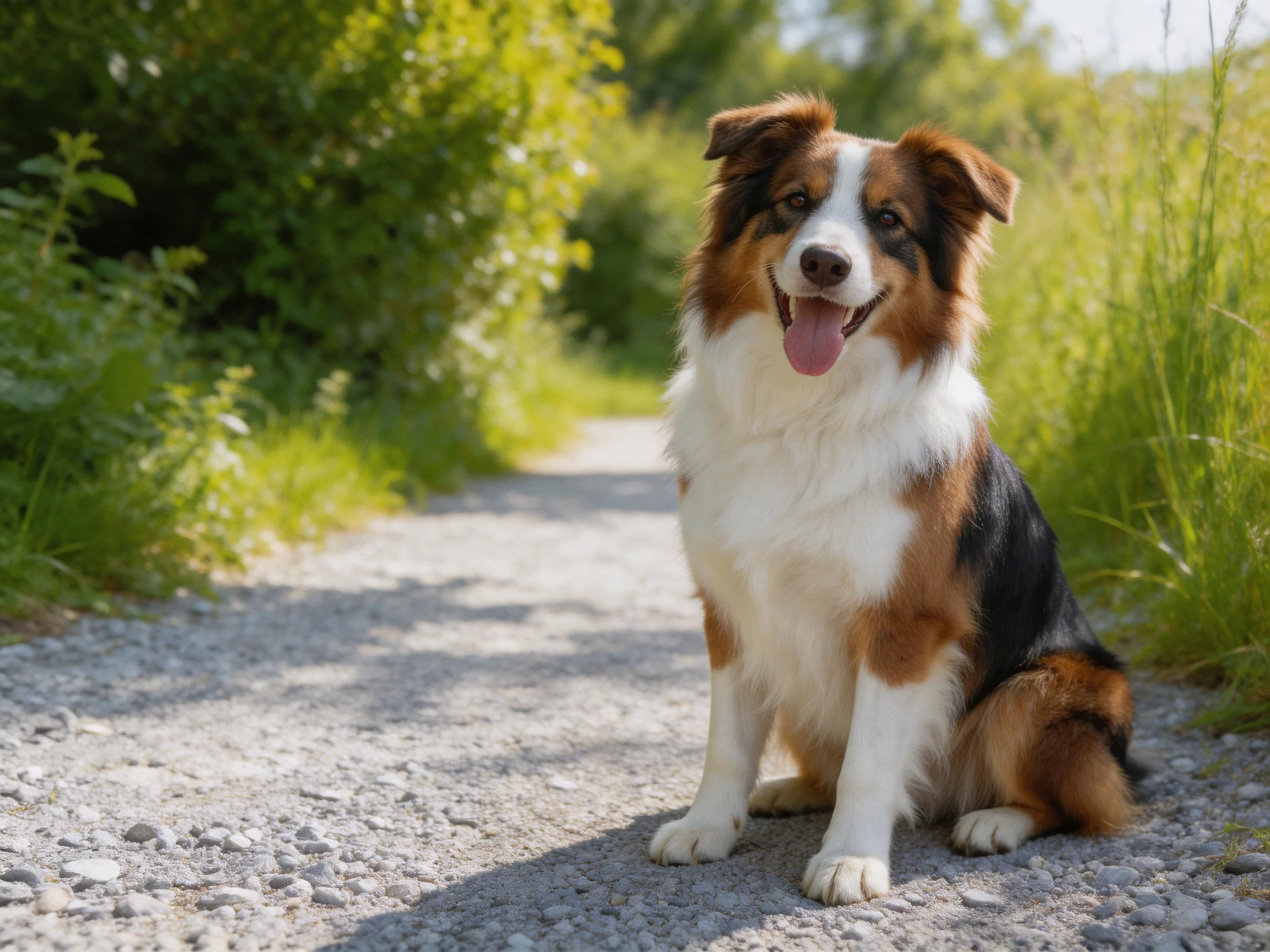 A tricolor dog sits on a gravel path surrounded by greenery