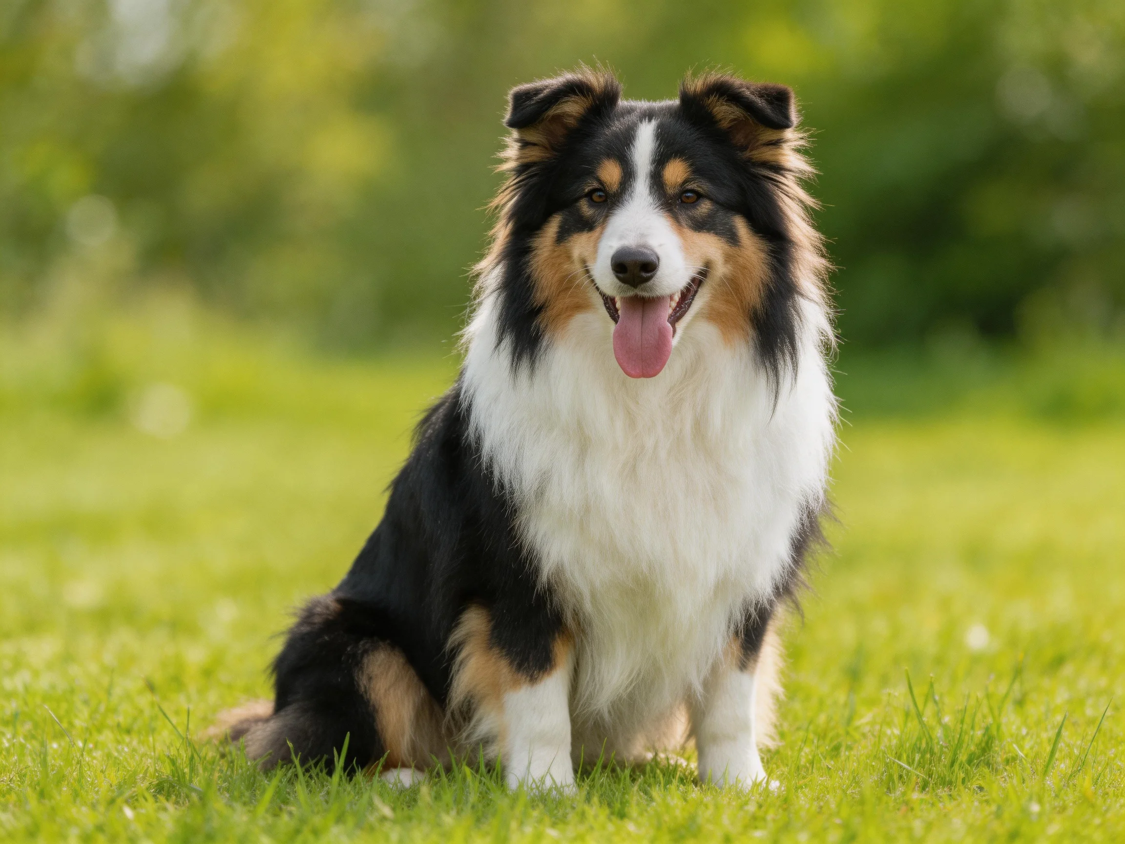 A tricolor dog sits calmly on a green grassy field.