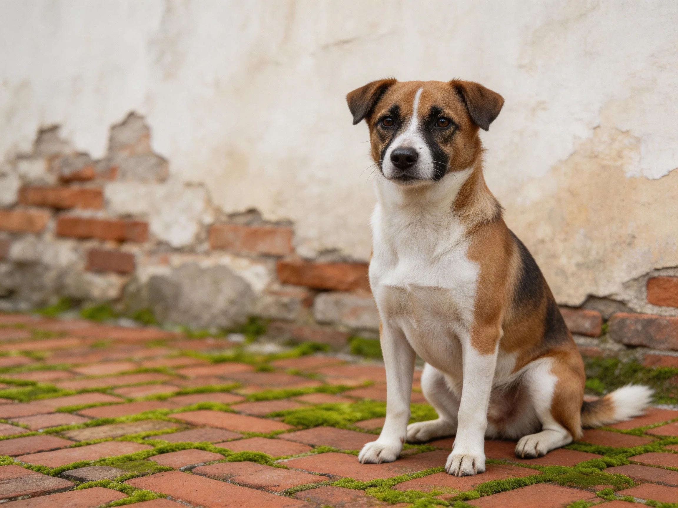 A tricolor dog sits calmly on a moss - covered brick path next to an old wall.