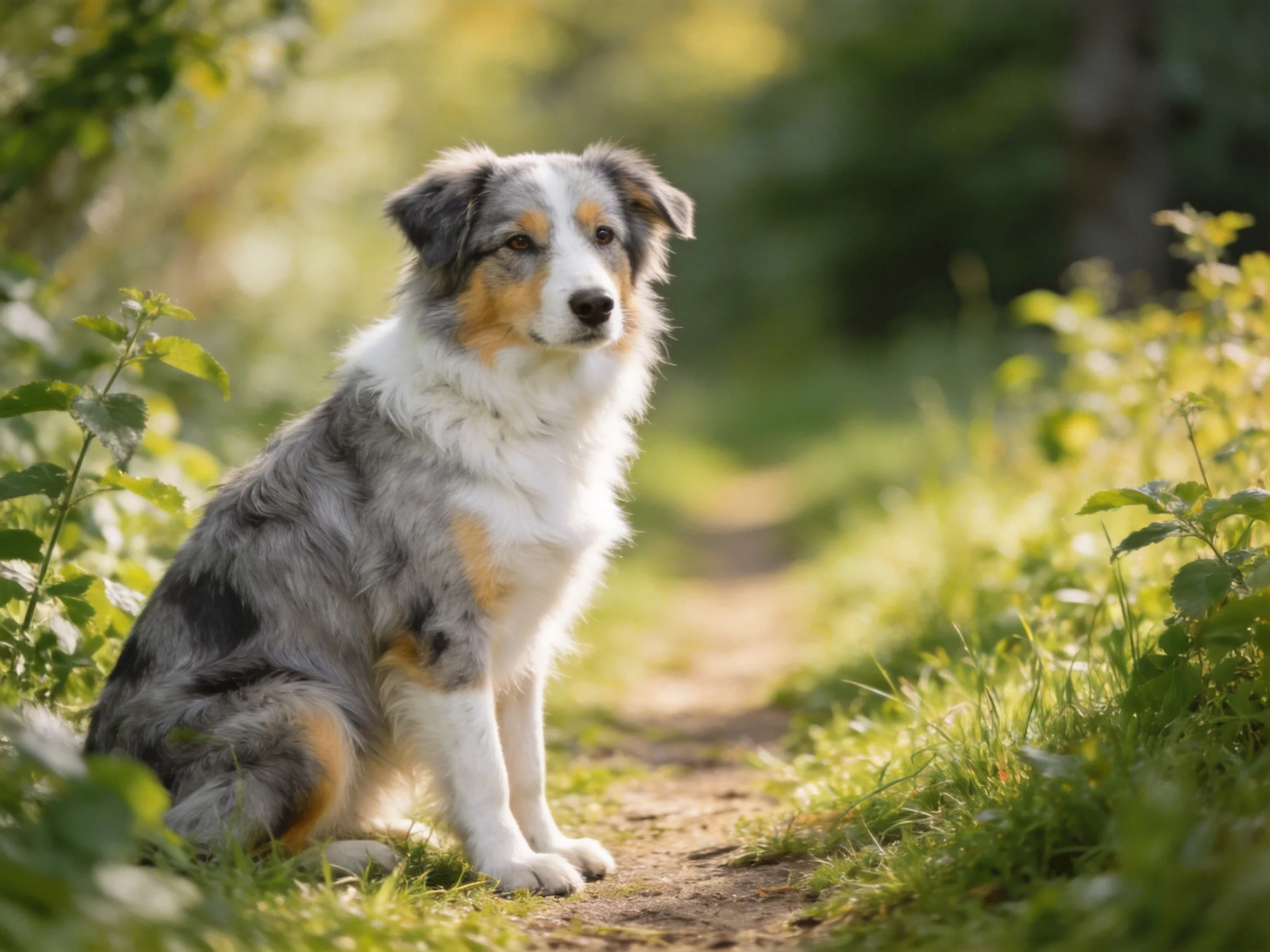 A tricolor dog sits calmly on a sunlit forest path.
